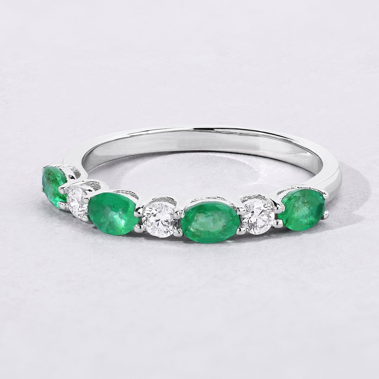 0.60 Ct Oval Green Zambian Emerald & Lab Diamond Prong Silver Half Eternity Seven Stone Ring