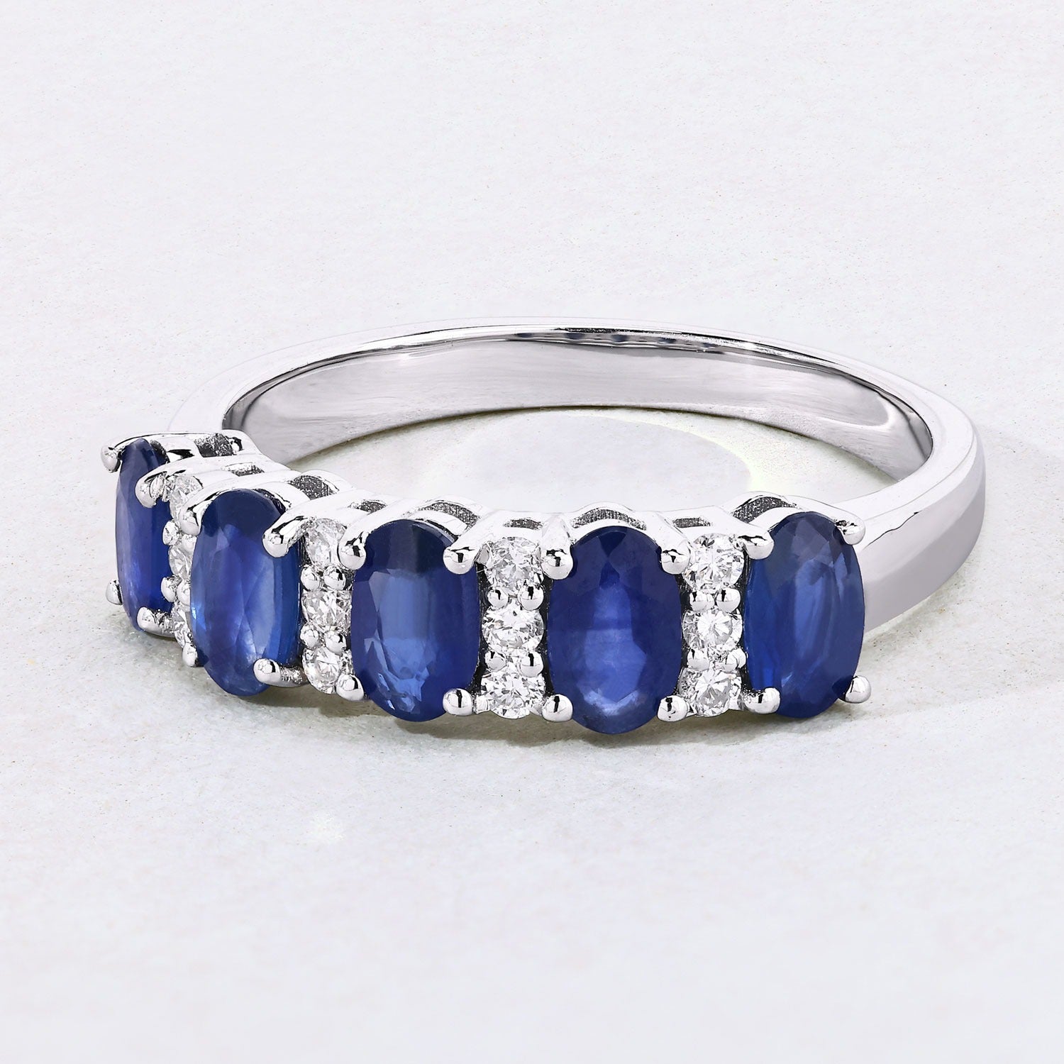 1.25 Ct Oval Blue Sapphire & Lab Diamond Prong Silver Half Eternity Band Five Stone Ring