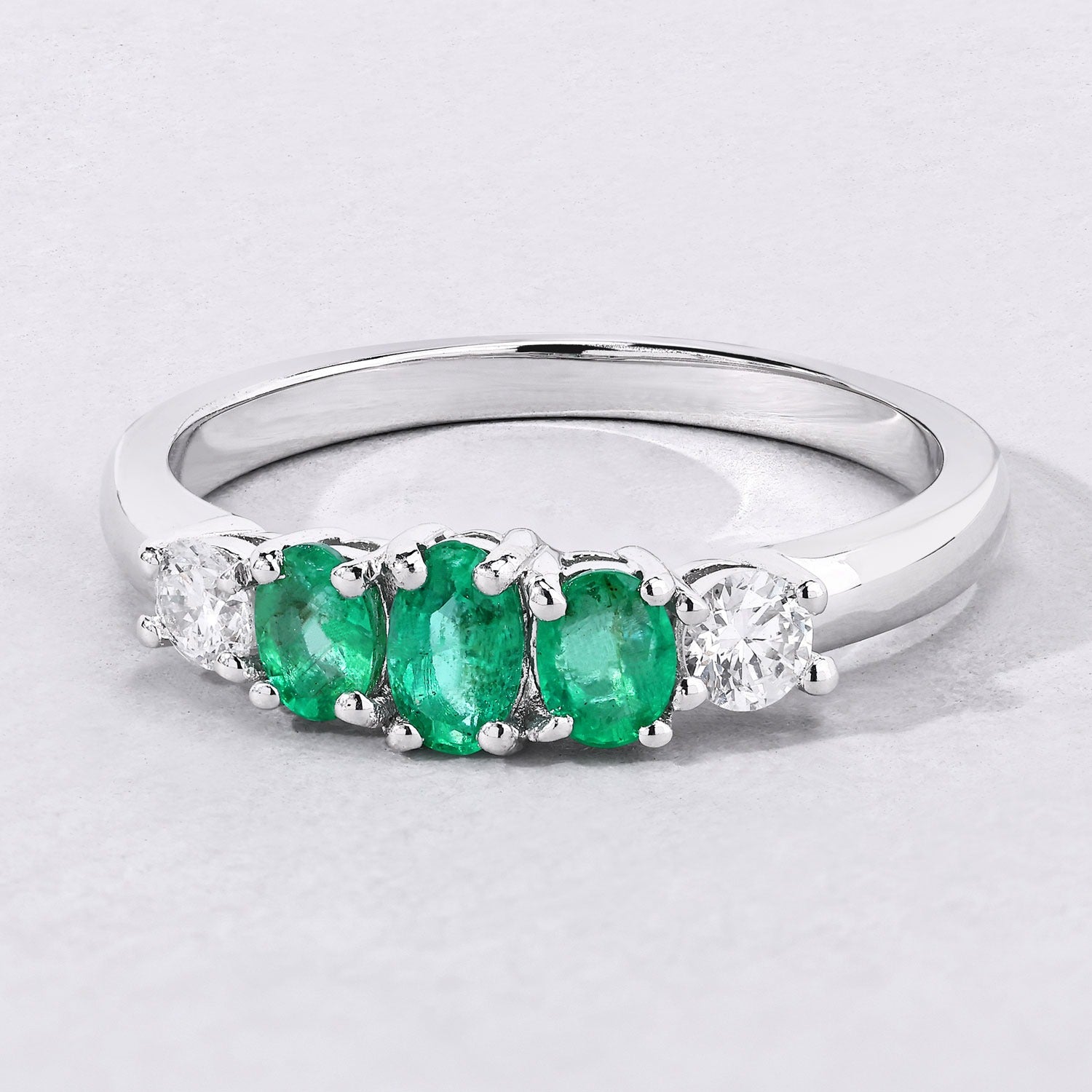 0.49 Ct Oval Green Zambian Emerald & Lab Diamond Prong Silver Graduated Five Stone Ring