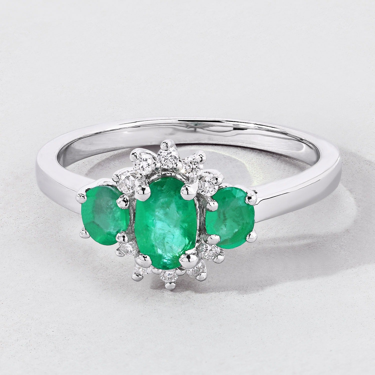 0.74 Ct Oval Green Zambian Emerald & Lab Diamond Prong Silver Three Stone Cocktail Ring