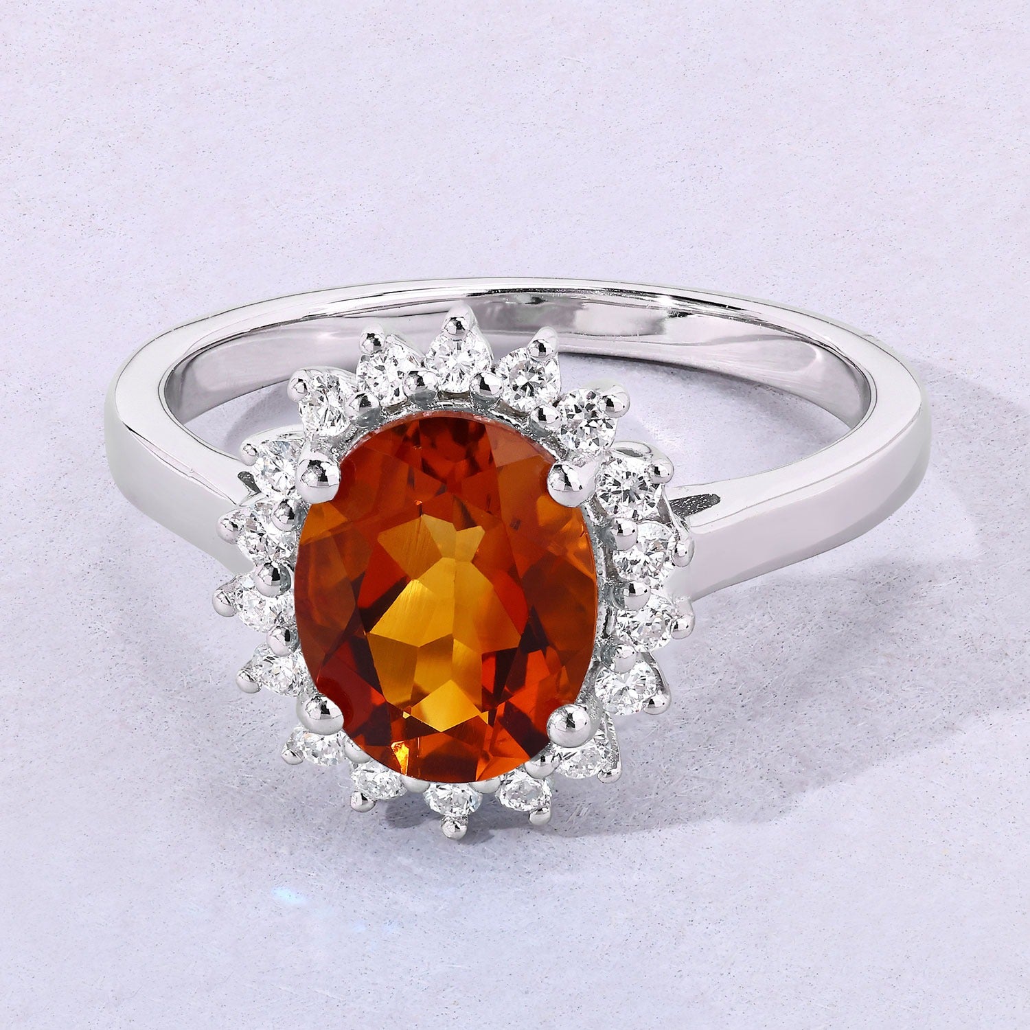 1.97 Ct Genuine Madeira Citrine and Lab Grown Diamond Silver Halo Ring