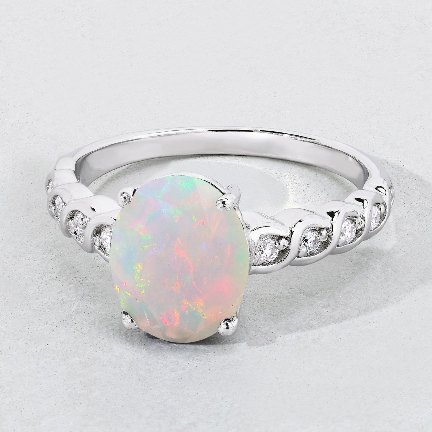 1.71 Ct Genuine Ethiopian Opal and Lab Diamond Silver Bridge Ring Fine Color Jewels