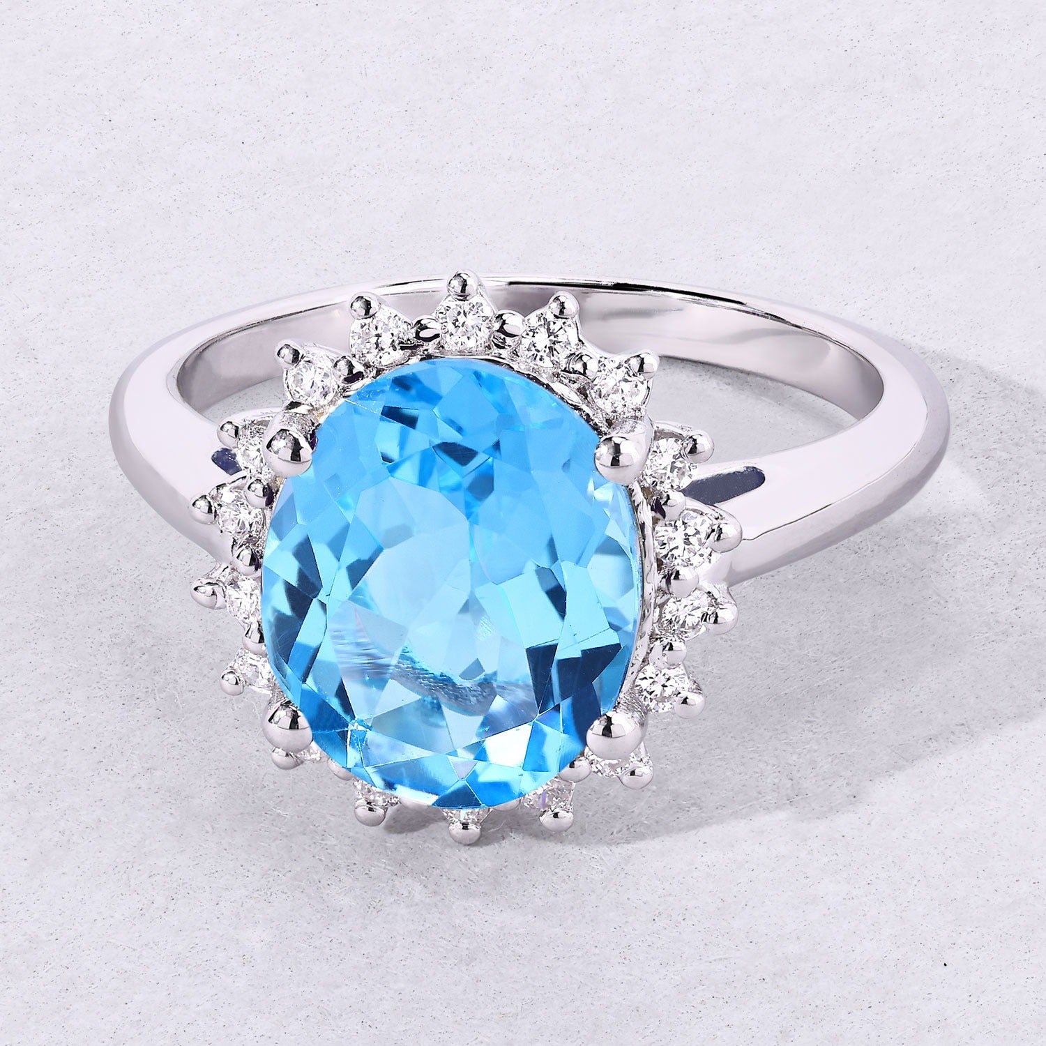 4.27 Ct Genuine Swiss Blue Topaz and Lab Diamond Silver Halo Ring Fine Color Jewels