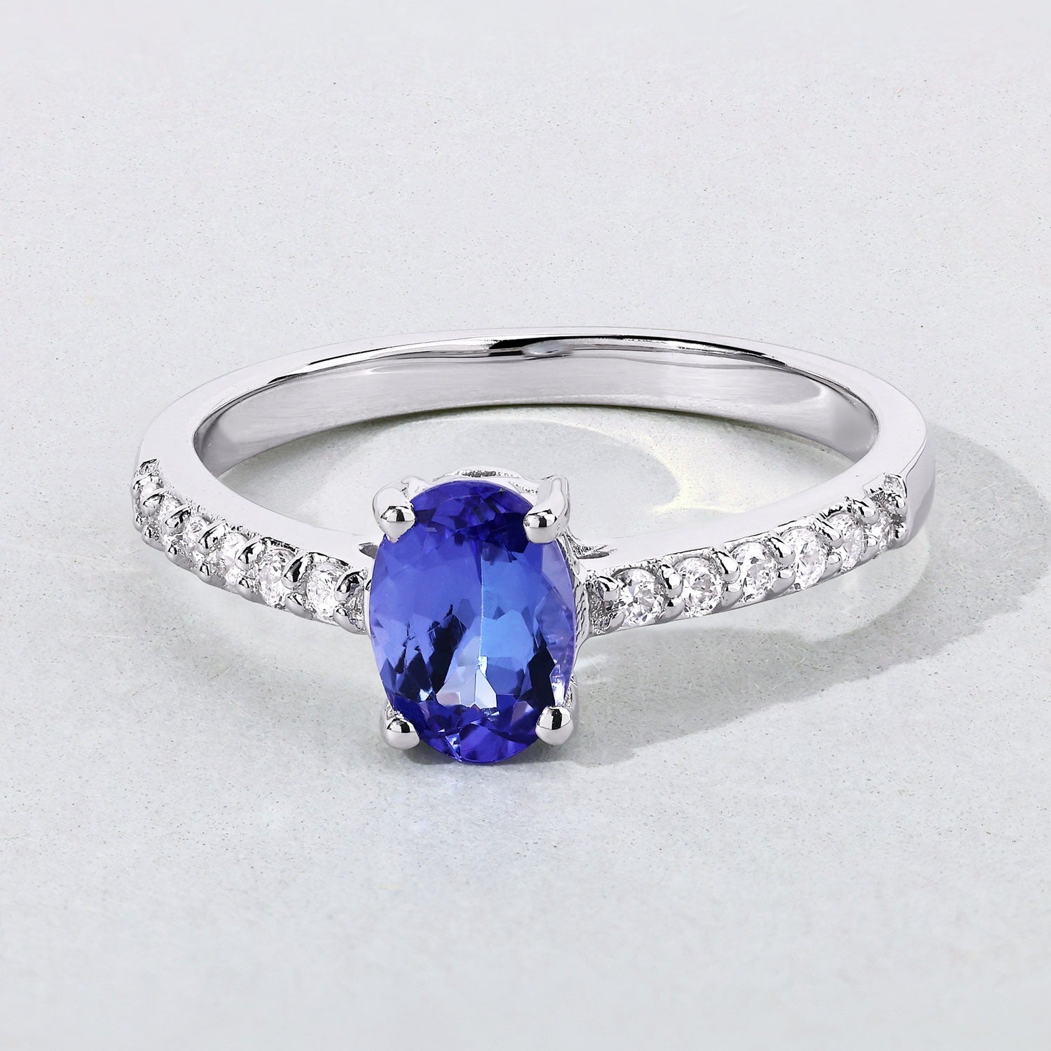 0.93 Ct Genuine Tanzanite and Lab Silver Oval Pave Ring Fine Color Jewels