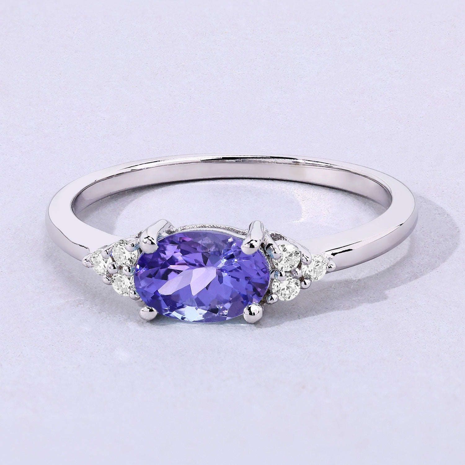 0.84 Ct Genuine Tanzanite and Lab Grown Diamond Silver Oval Ring Fine Color Jewels