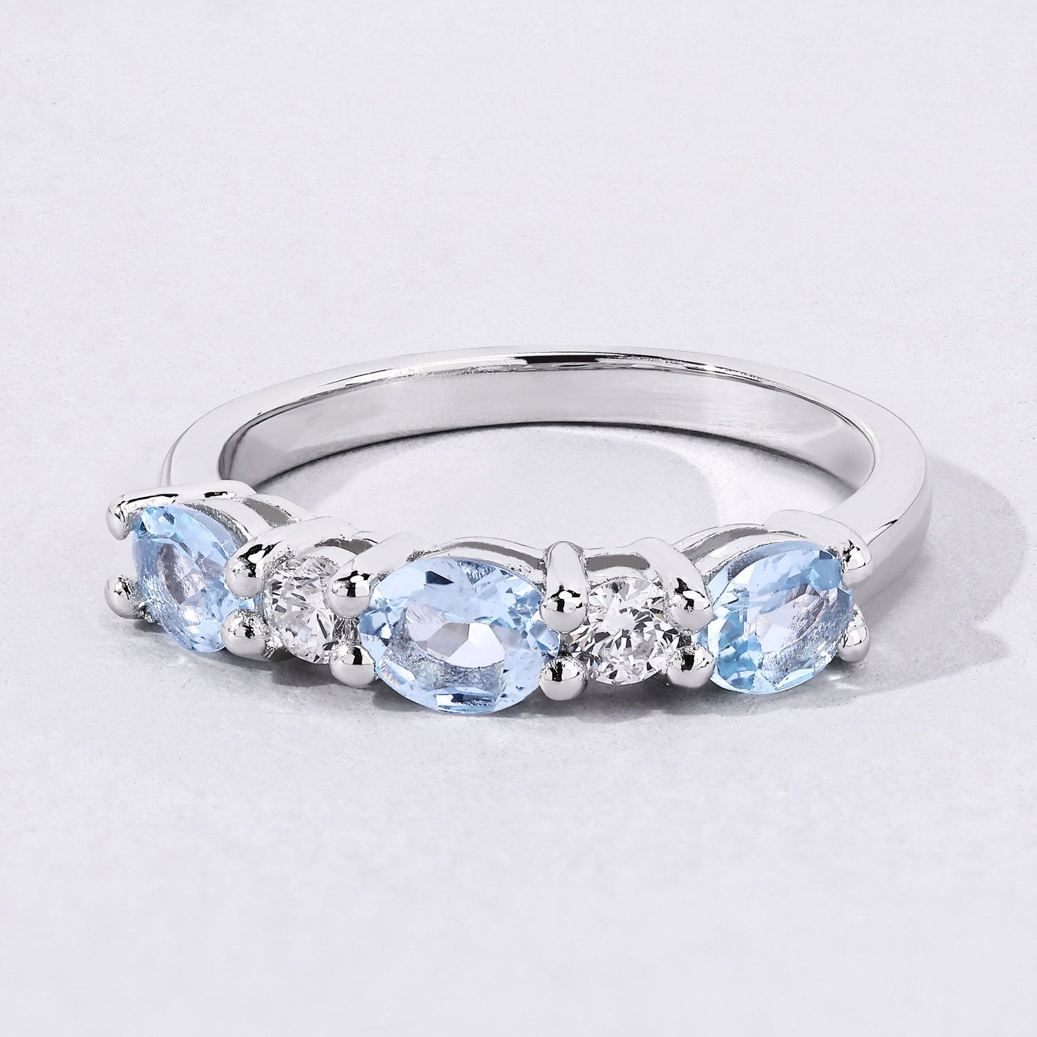 1.07 Ct Genuine Aquamarine and Lab Diamond Silver 5 Stone Ring Fine Color Jewels