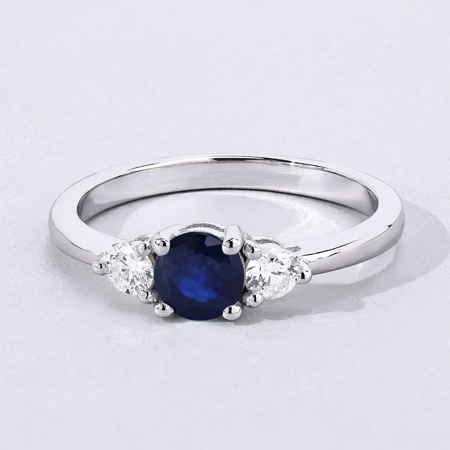 0.87 Ct Genuine Blue Sapphire and Lab Diamond Silver 3 Stone Ring Fine Color Jewels