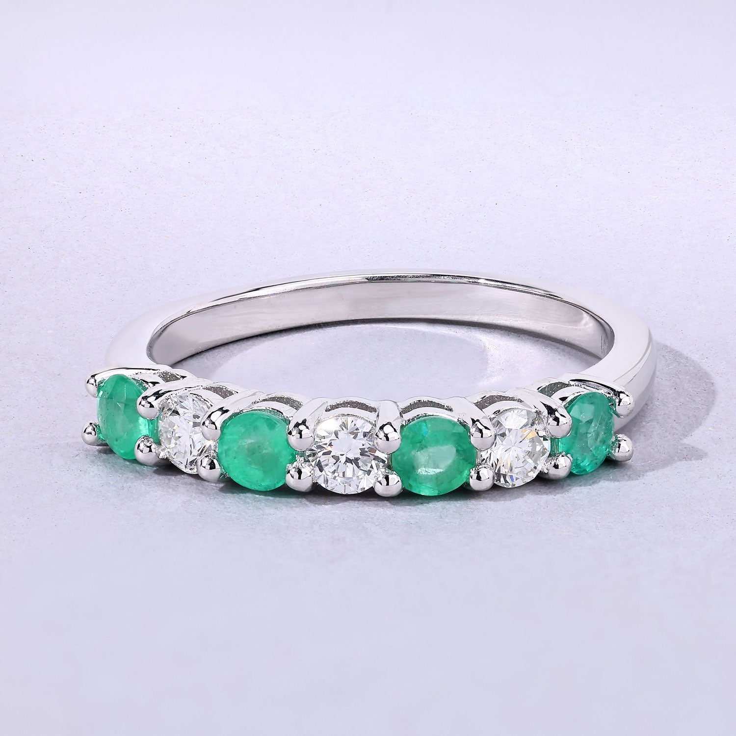 0.73 Ct Genuine Zambian Emerald and Lab Diamond Silver Eternity Ring Fine Color Jewels