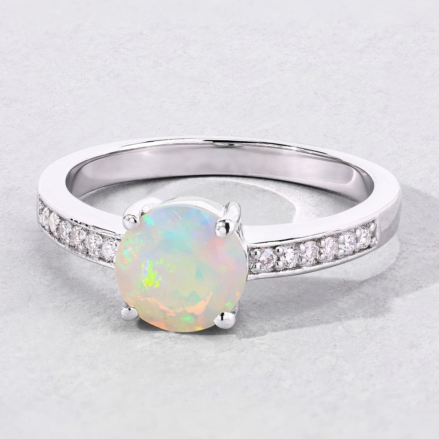 0.75 Ct Genuine Ethiopian Opal and Lab Diamond Silver Pave Ring