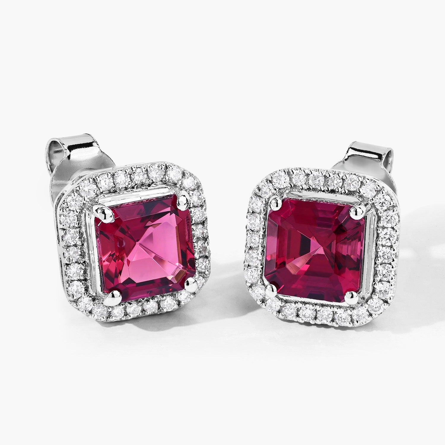 Red Rubellite and White Diamond 14K Gold Stud Earrings