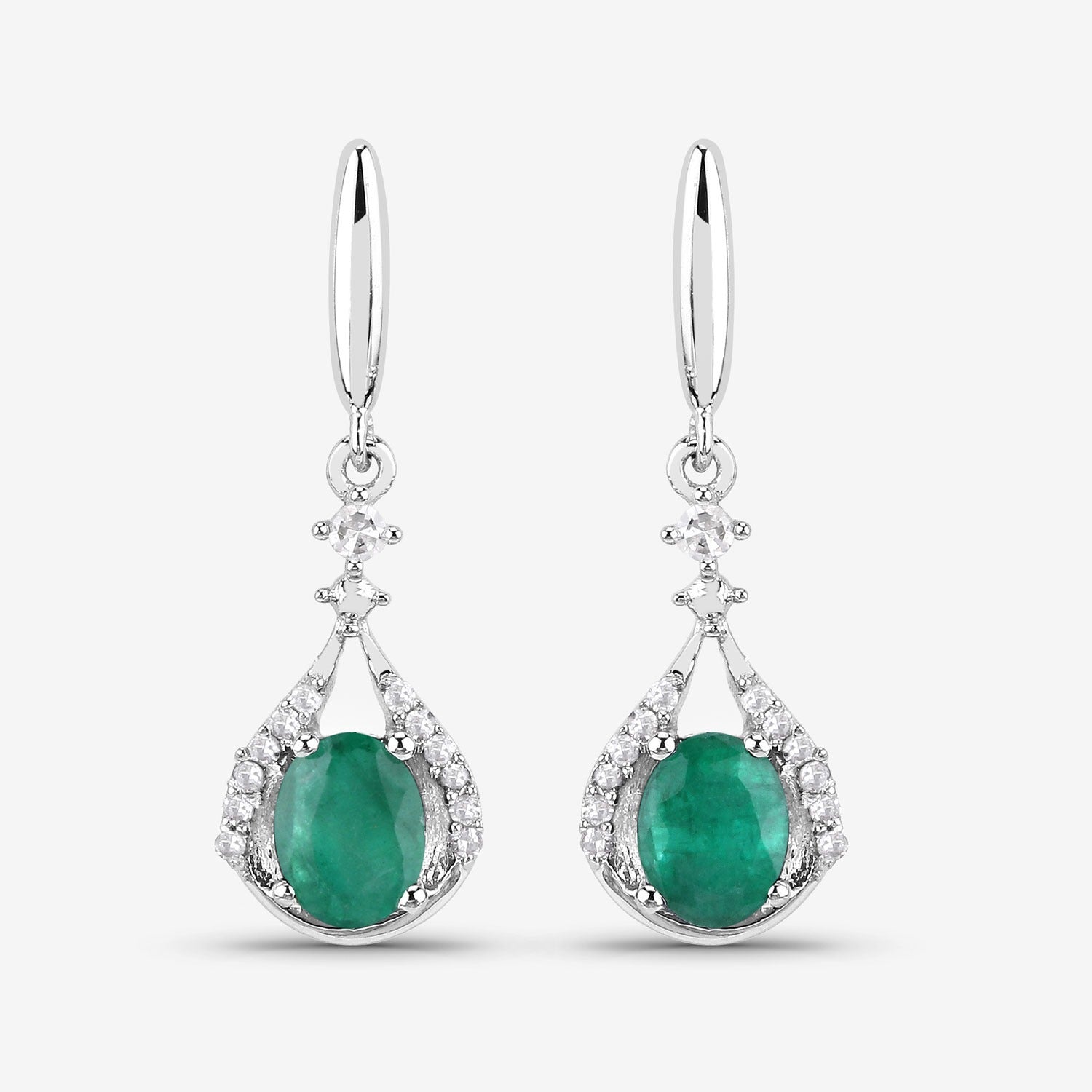 0.70 Ct Oval Green Zambian Emerald and Diamond 14K White Gold Dangle Drop Earrings