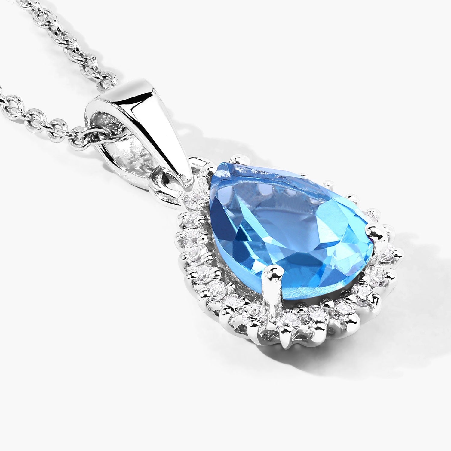 2.07 Ct Genuine Swiss Blue Topaz and Lab Diamond Silver Pear Necklace
