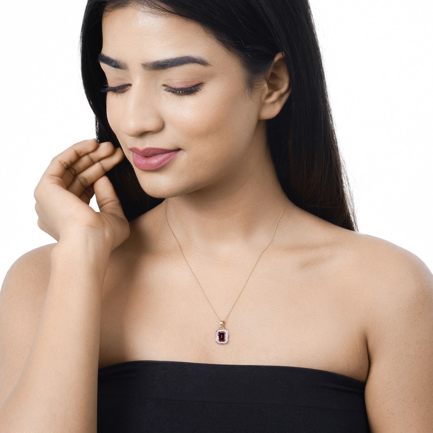 Red Genuine Rubellite and White Diamond 14K Yellow Gold Halo Pendant Fine Color Jewels