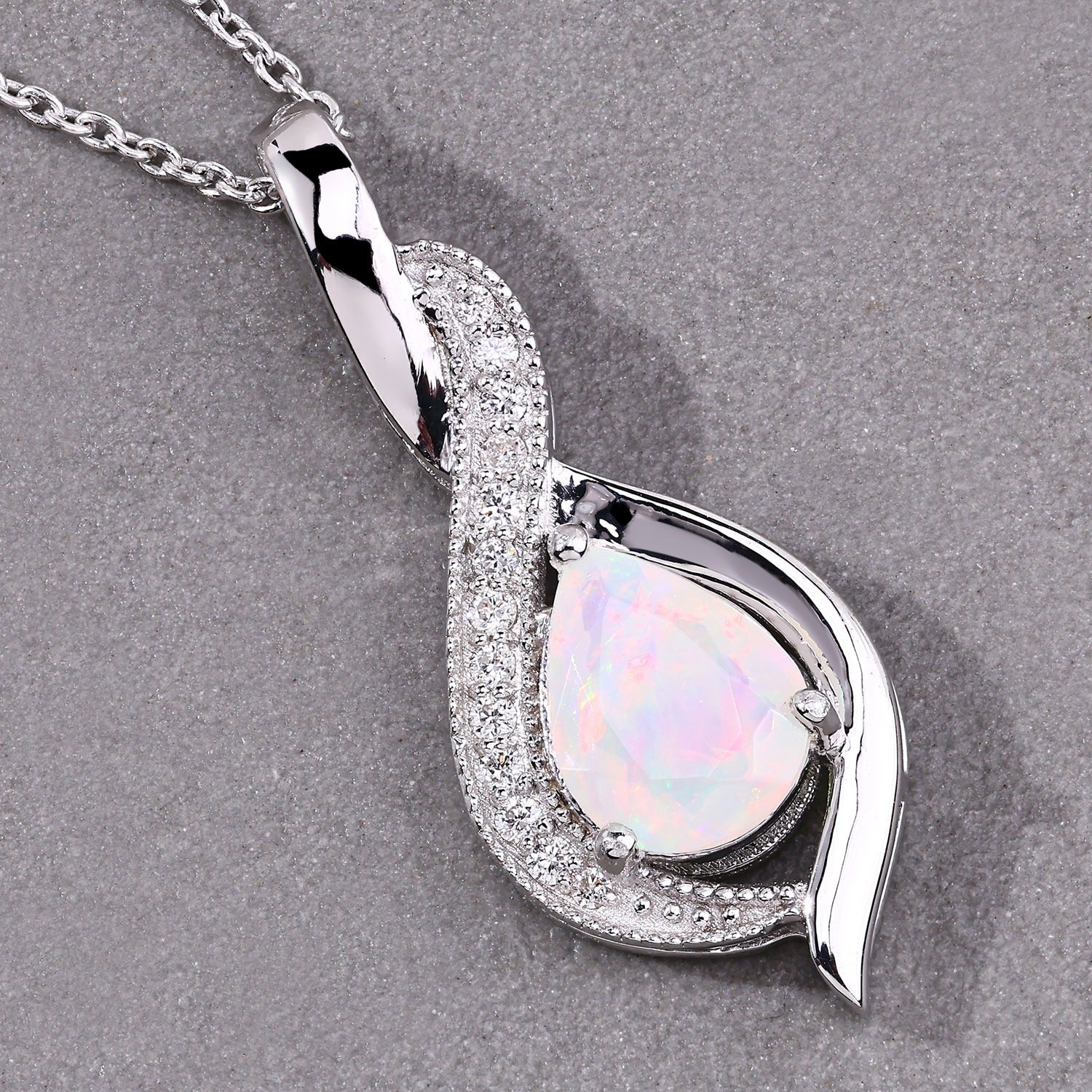 1.02 Ct Genuine Ethiopian Opal and Lab Diamond Silver Teardrop Necklace