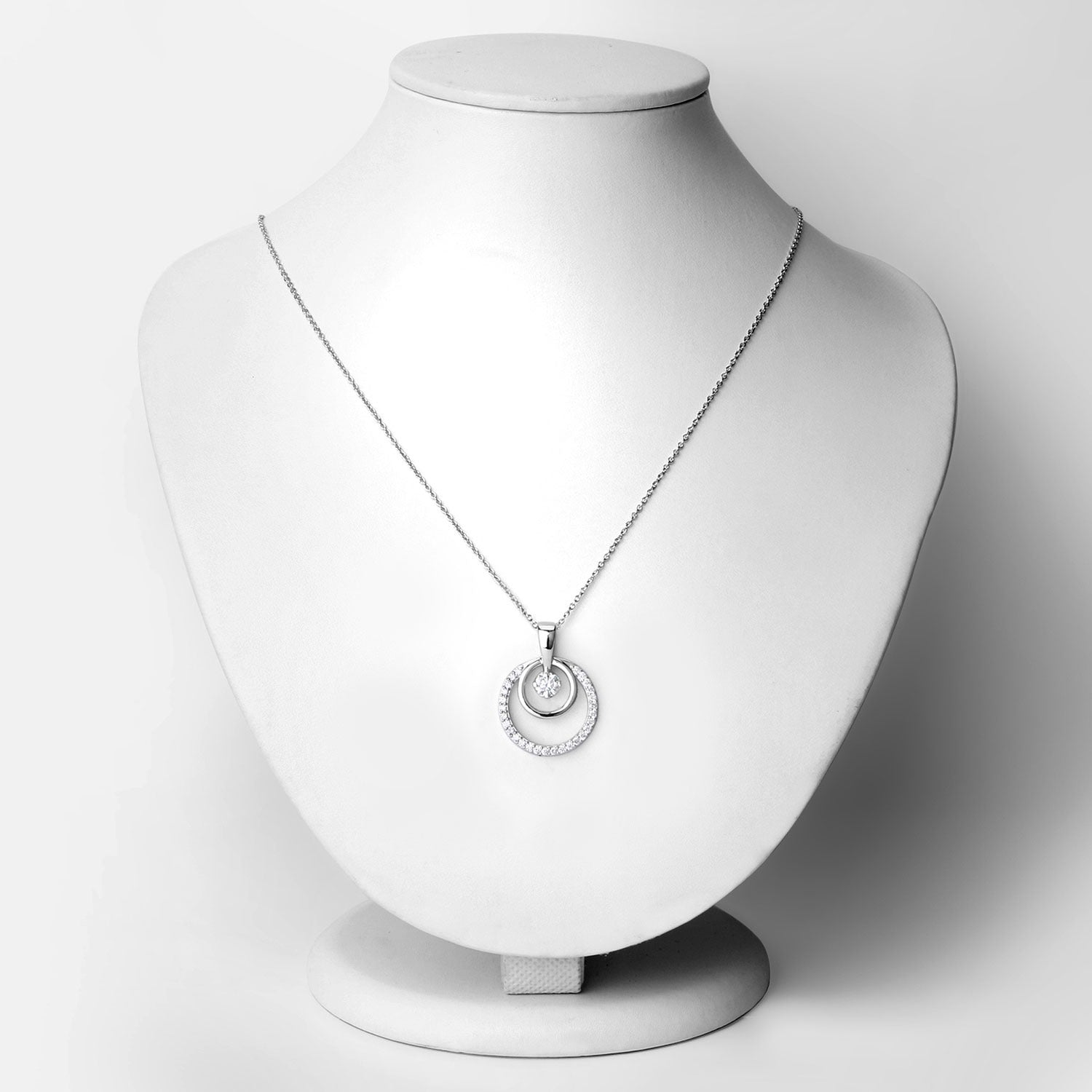 1 Cttw Round White Lab Grown Diamond Rhodium Plated Silver Double Circle Halo Pendant Necklace