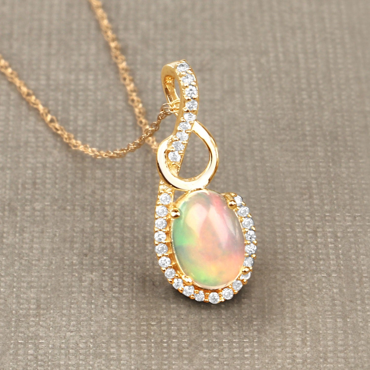 Genuine Opal and Diamond 14K Gold Pendant Necklace