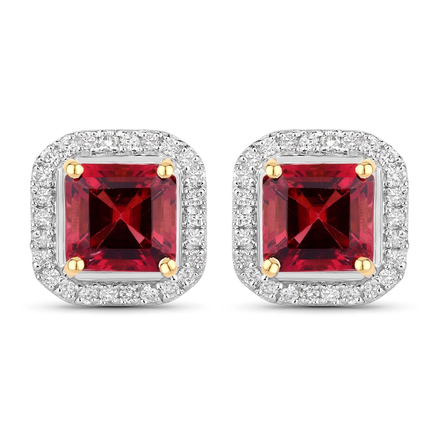Red Rubellite and White Diamond 14K Gold Stud Earrings