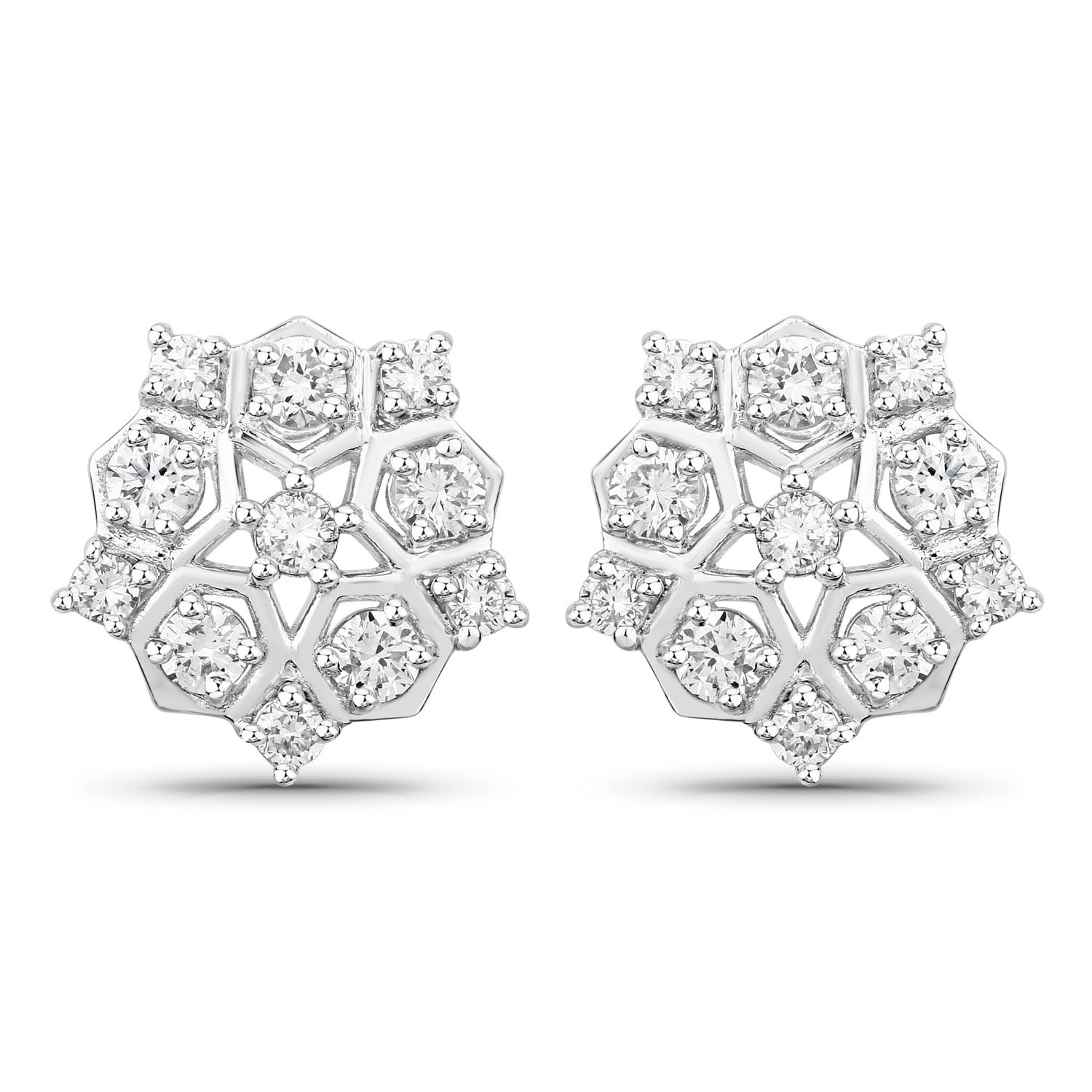 1.00 Cttw Round White Lab Diamond Prong Rhodium Plated Silver Hexagon Cluster Stud Earrings