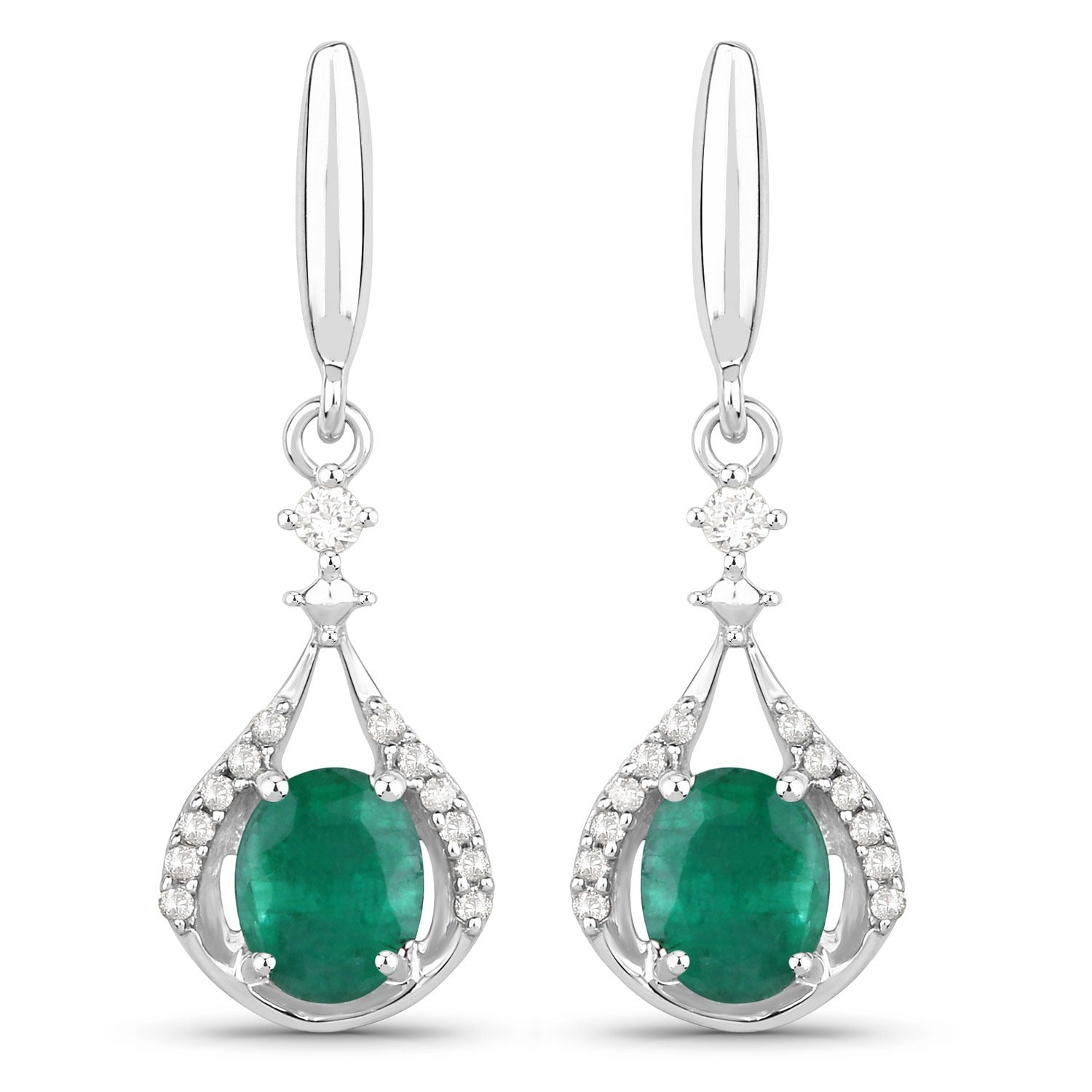 0.70 Ct Oval Green Zambian Emerald and Diamond 14K White Gold Dangle Drop Earrings