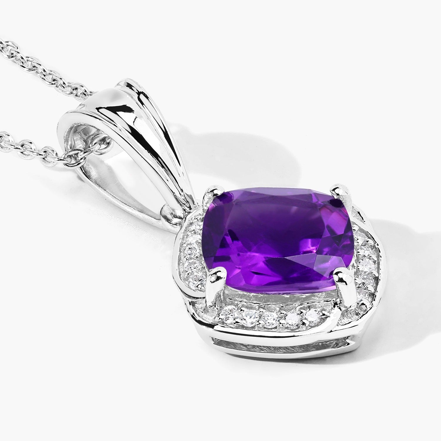 Genuine Amethyst and Lab Grown Diamond 925 Silver Cushion Necklace Fine Color Jewels