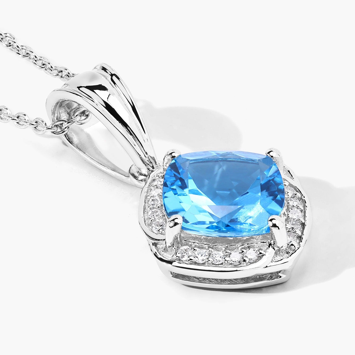 Genuine Swiss Blue Topaz and Lab Diamond 925 Silver Necklace Fine Color Jewels