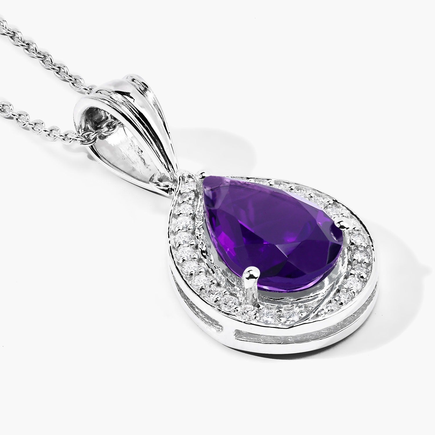 Genuine Amethyst and Lab Grown Diamond 925 Silver Necklace Fine Color Jewels