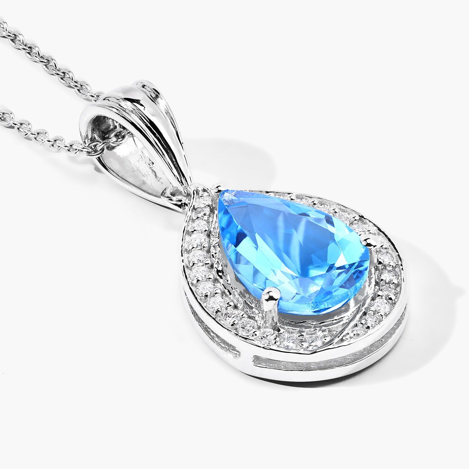 Genuine Swiss Blue Topaz and Lab Grown Diamond 925 Silver Necklace Fine Color Jewels