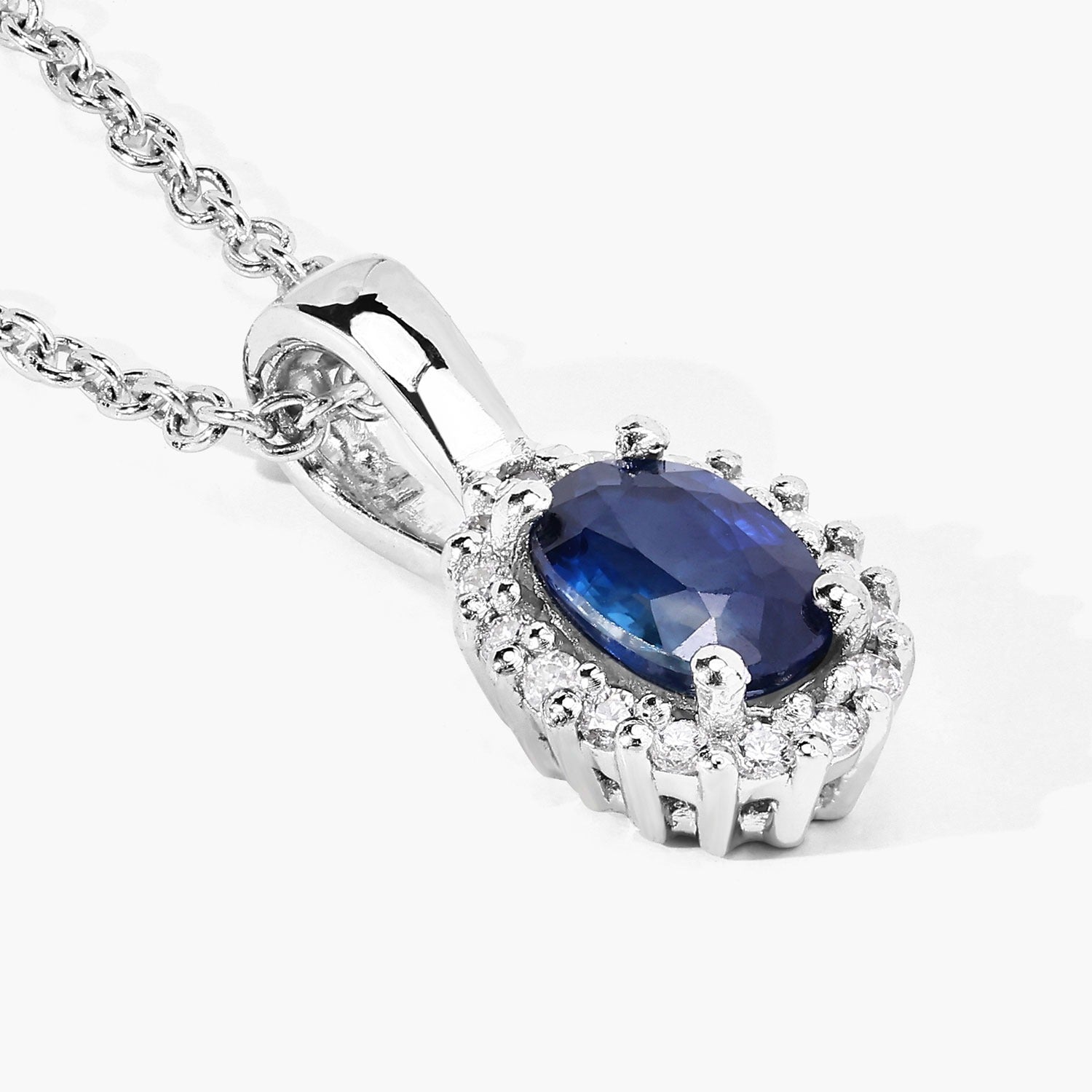 Genuine Blue Sapphire and Lab Grown Diamond 925 Silver Necklace Fine Color Jewels