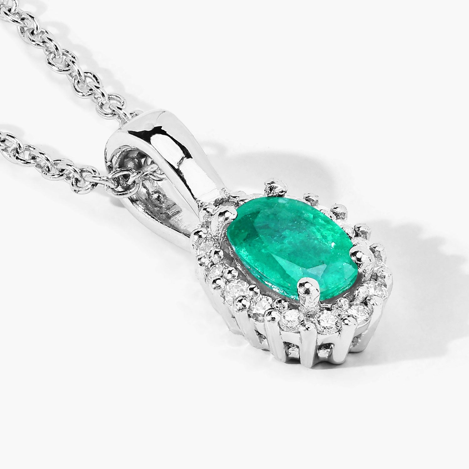 0.54 Ct Genuine Zambian Emerald and Lab Diamond Silver Oval Necklace