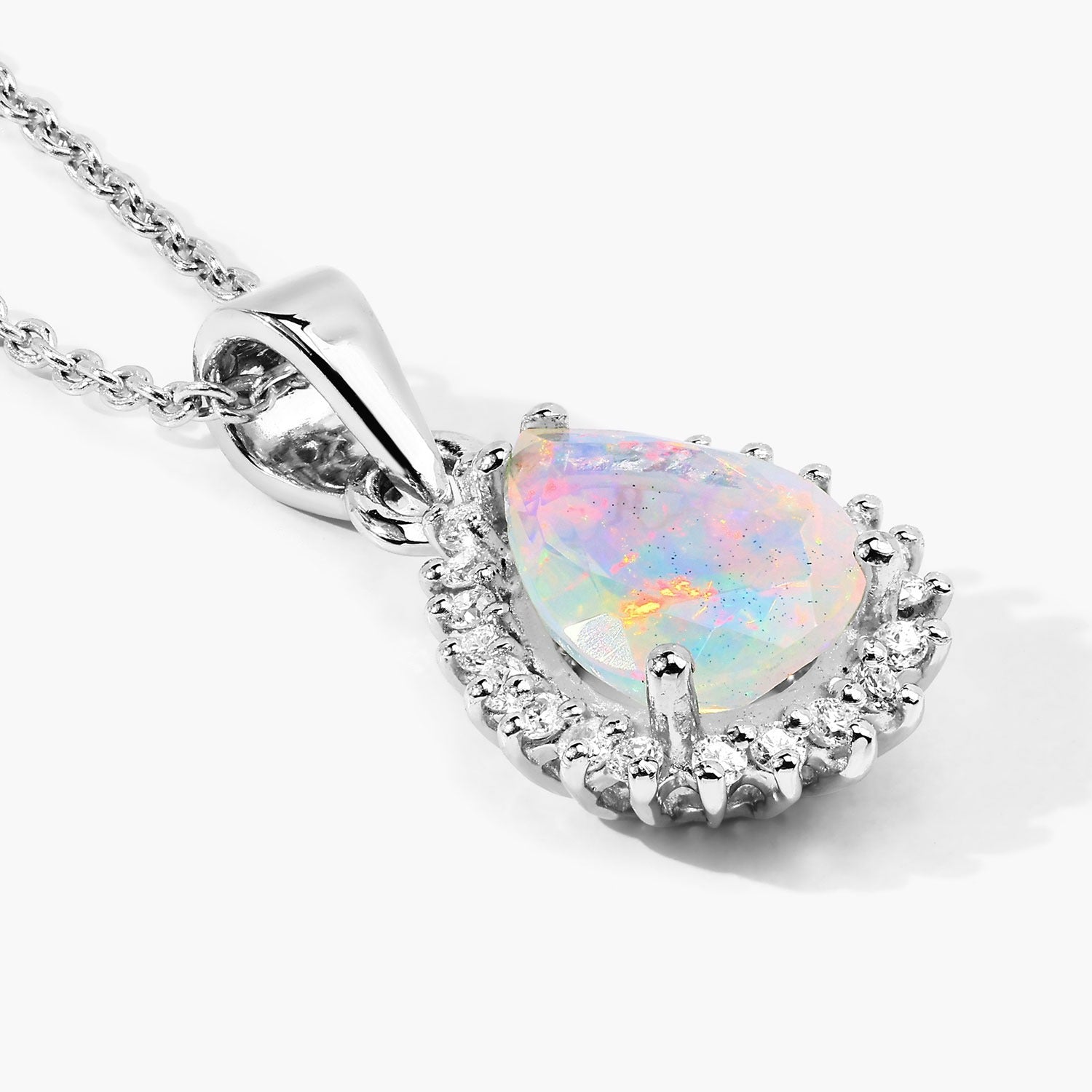 1.07 Ct Genuine Ethiopian Opal and Lab Diamond Silver Teardrop Necklace