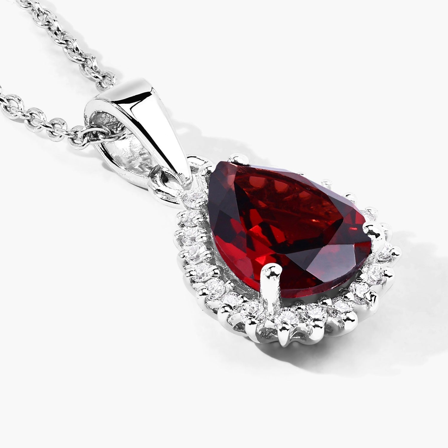 1.97 Ct Genuine Mozambique Garnet and Lab Diamond Silver Teardrop Necklace