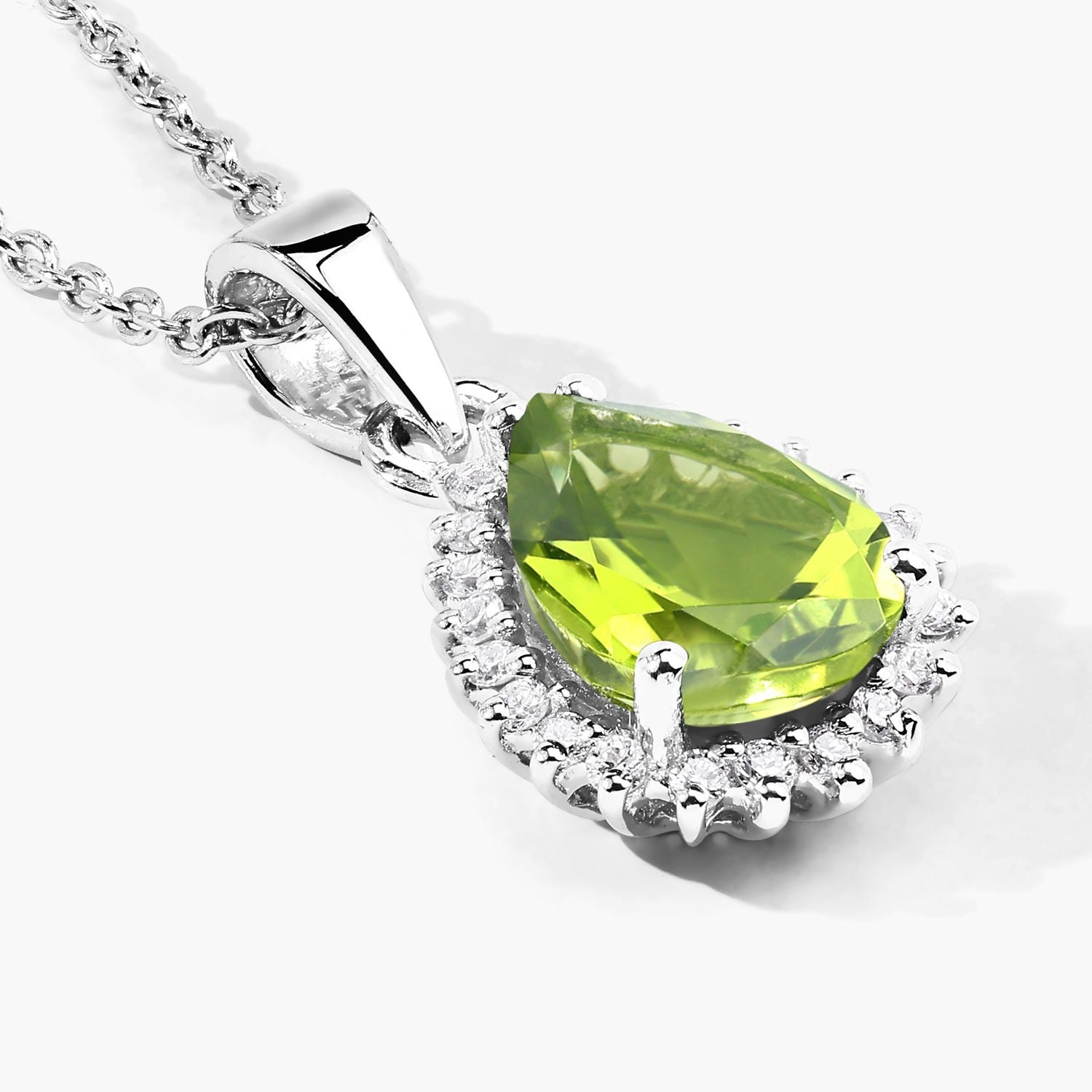 1.63 Ct Genuine Peridot and Lab Grown Diamond Silver Pear Necklace