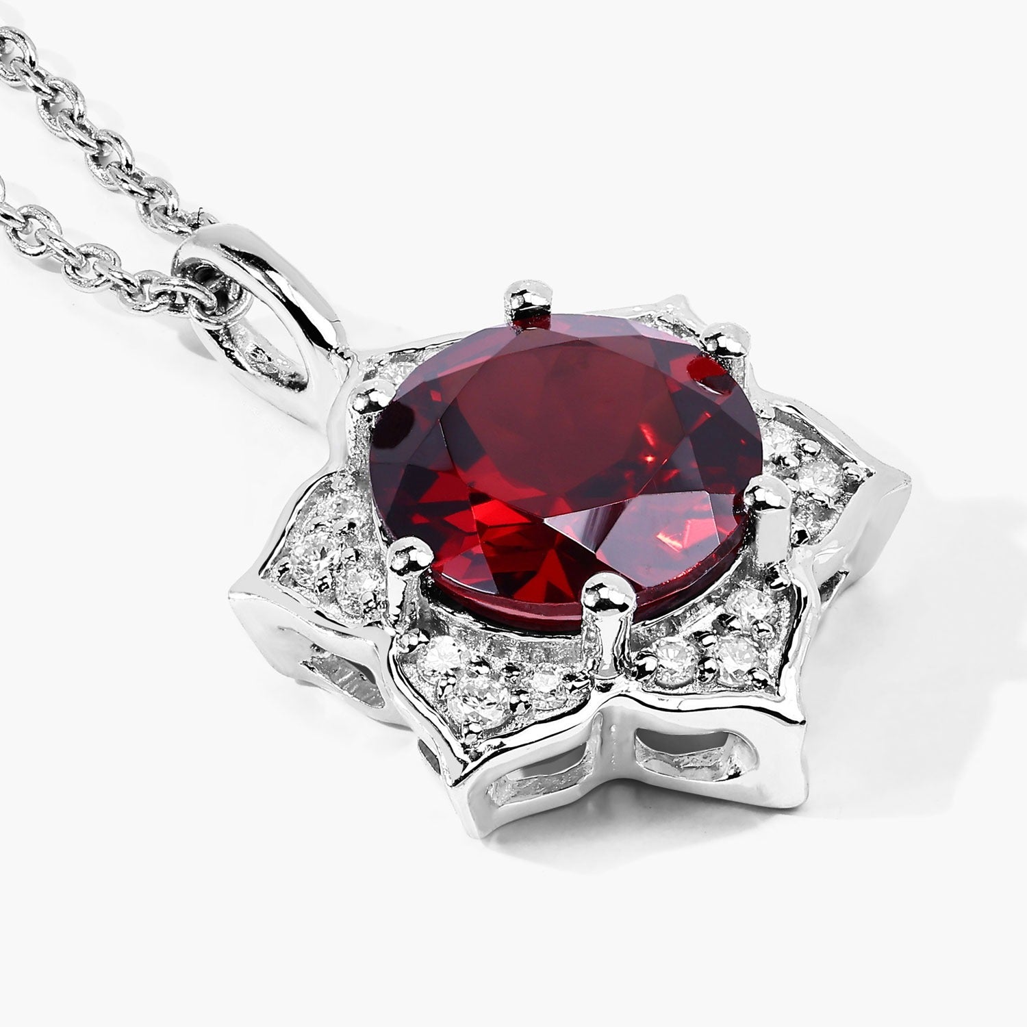 2.38 Ct Genuine Mozambique Garnet and Lab Diamond Silver Star Necklace