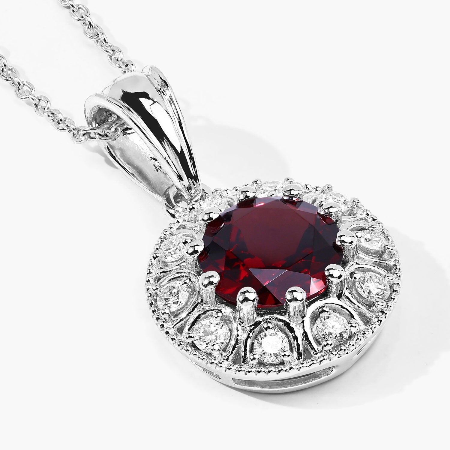 2.60 Ct Genuine Mozambique Garnet and Lab Diamond Silver Halo Necklace Fine Color Jewels