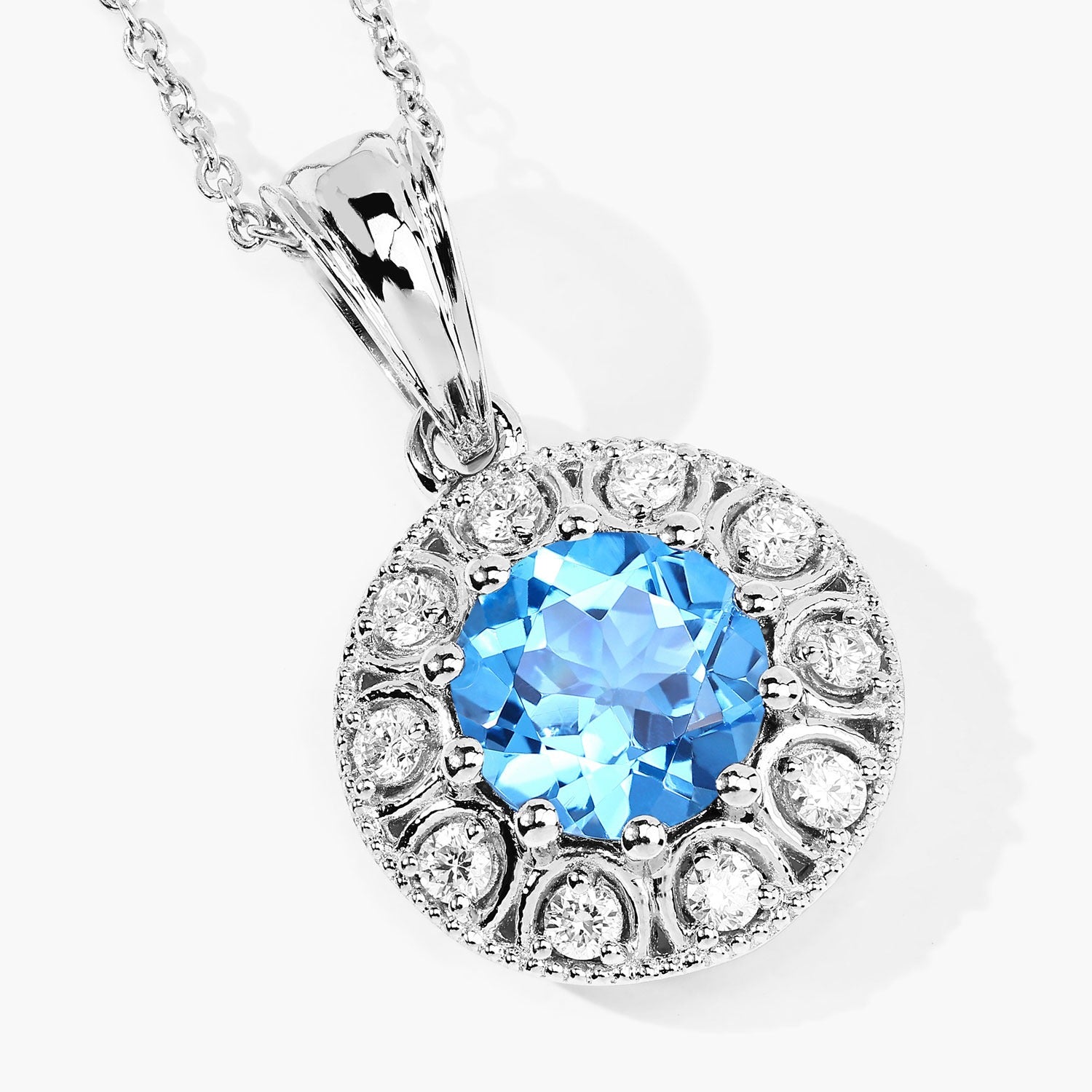 2.60 Ct Genuine Swiss Blue Topaz and Lab Diamond Silver Halo Necklace