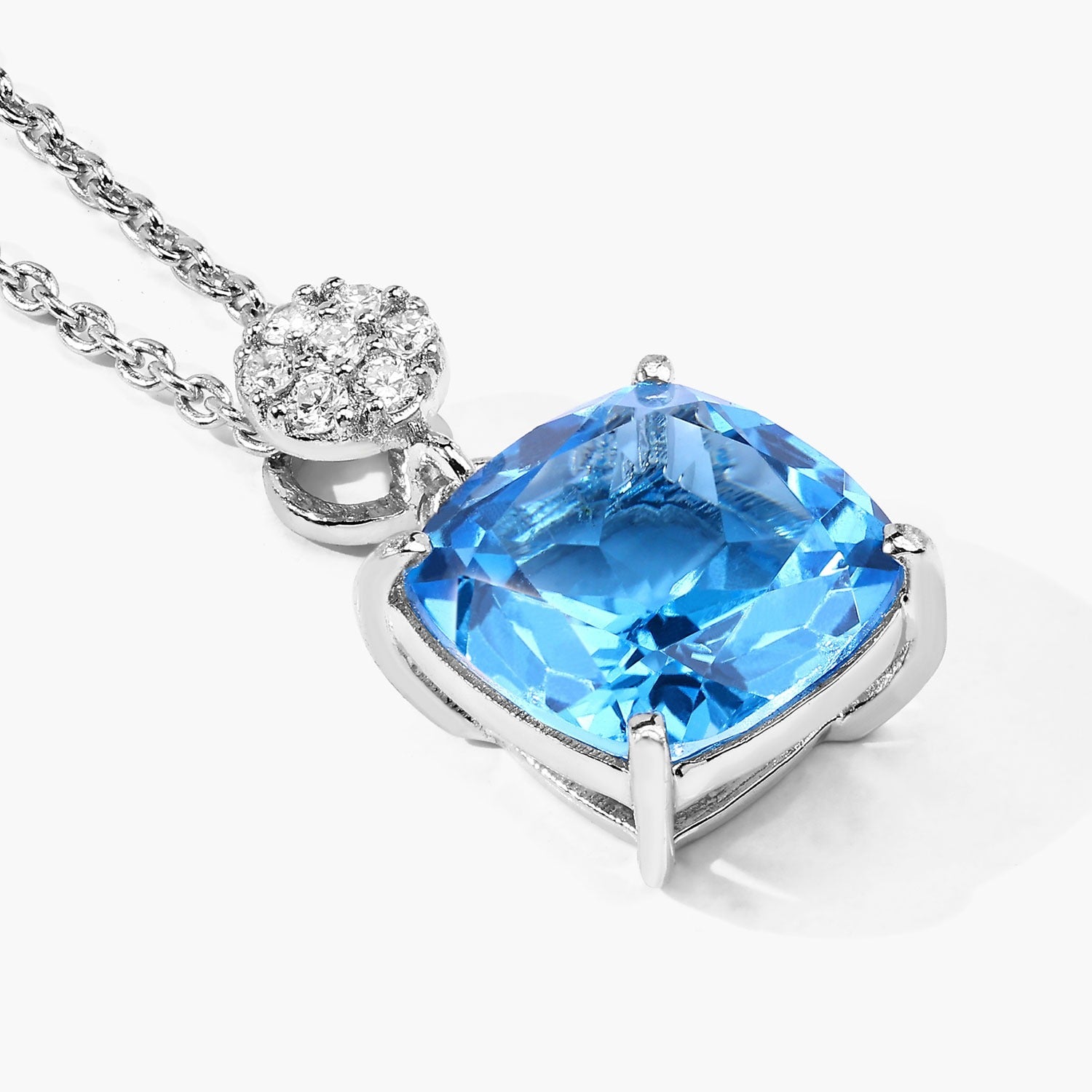 3.47 Ct Genuine Swiss Blue Topaz and Lab Diamond Silver Cushion Necklace
