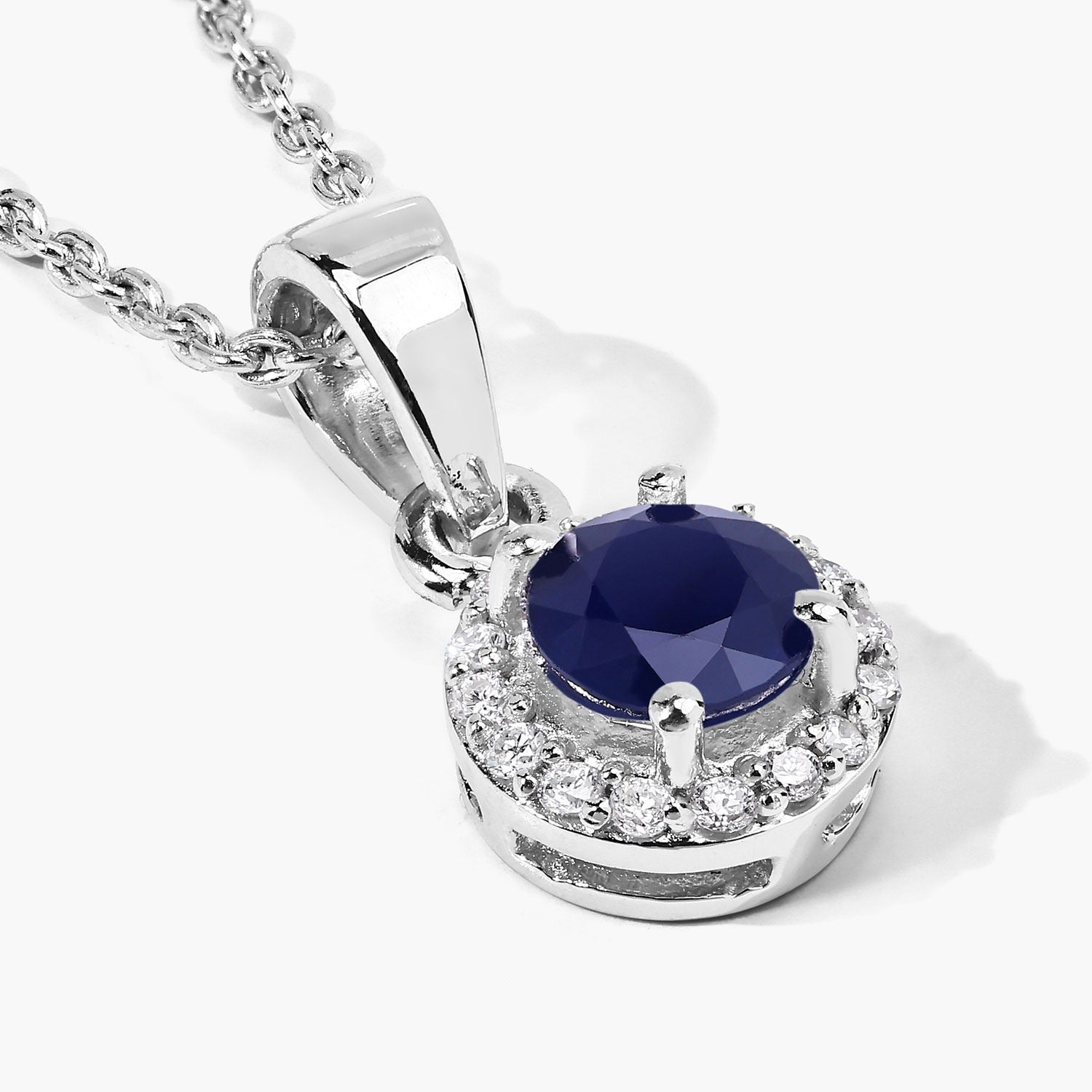 0.75 Ct Genuine Blue Sapphire and Lab Diamond Silver Round Necklace