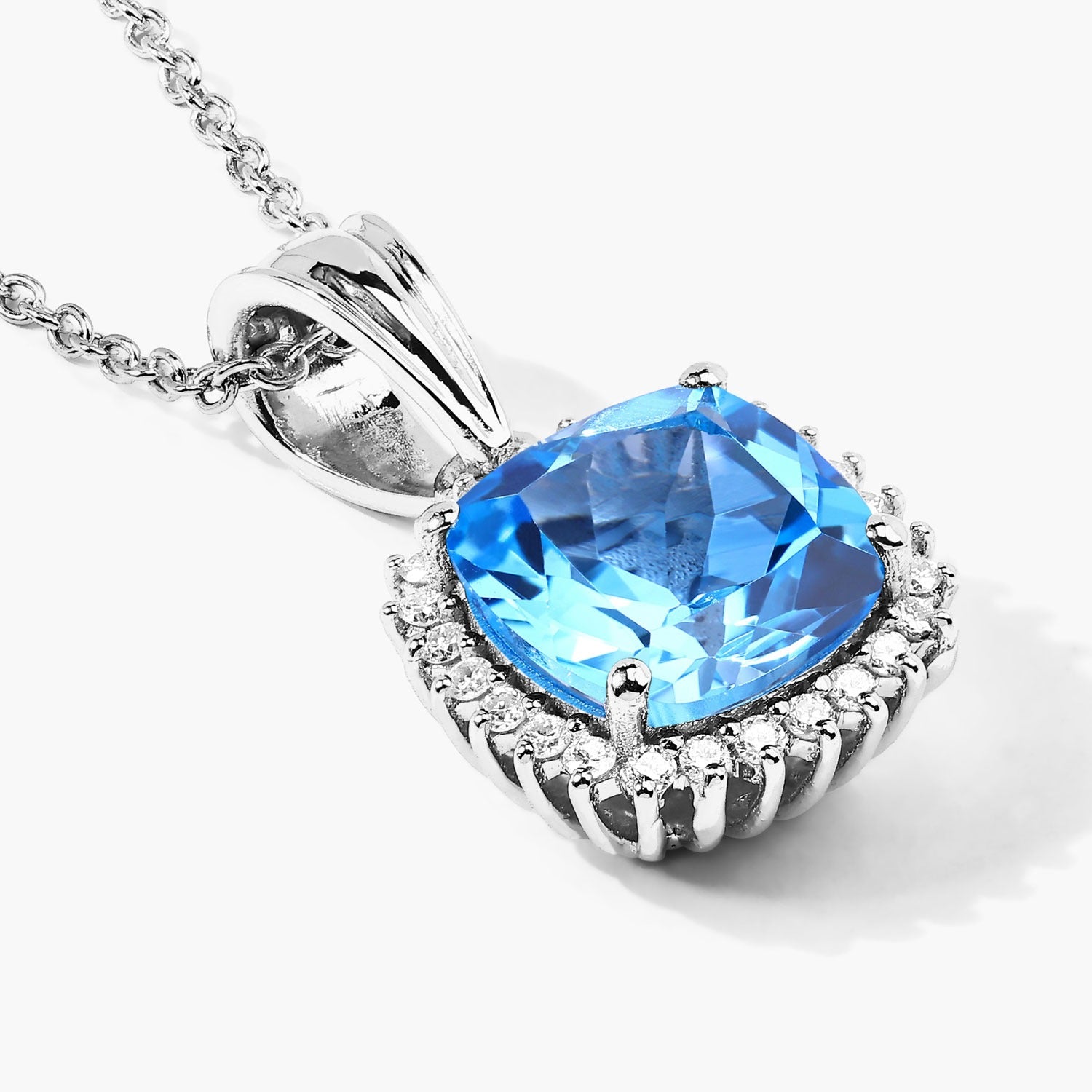 3.60 Ct Genuine Swiss Blue Topaz and Lab Diamond Silver Cushion Necklace
