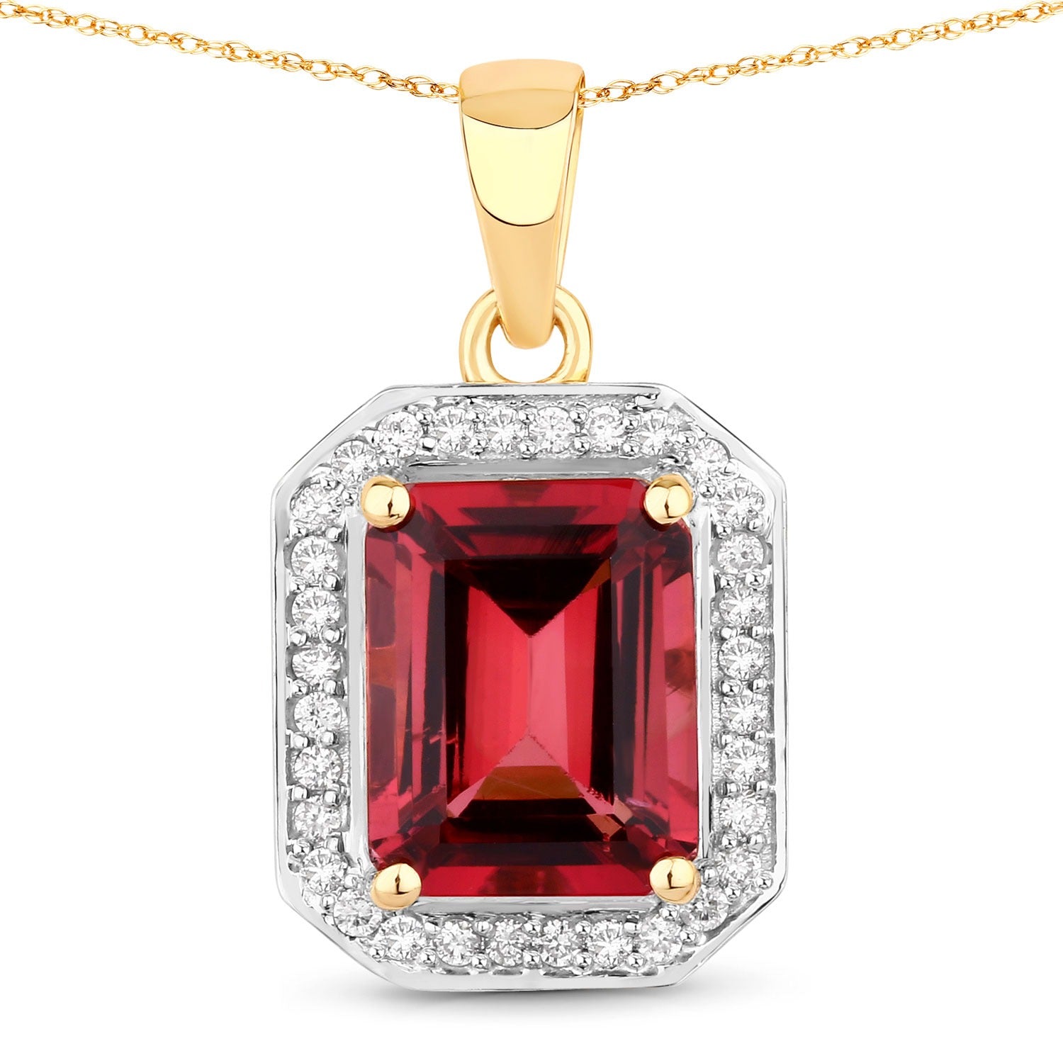 Red Genuine Rubellite and White Diamond 14K Yellow Gold Halo Pendant Fine Color Jewels