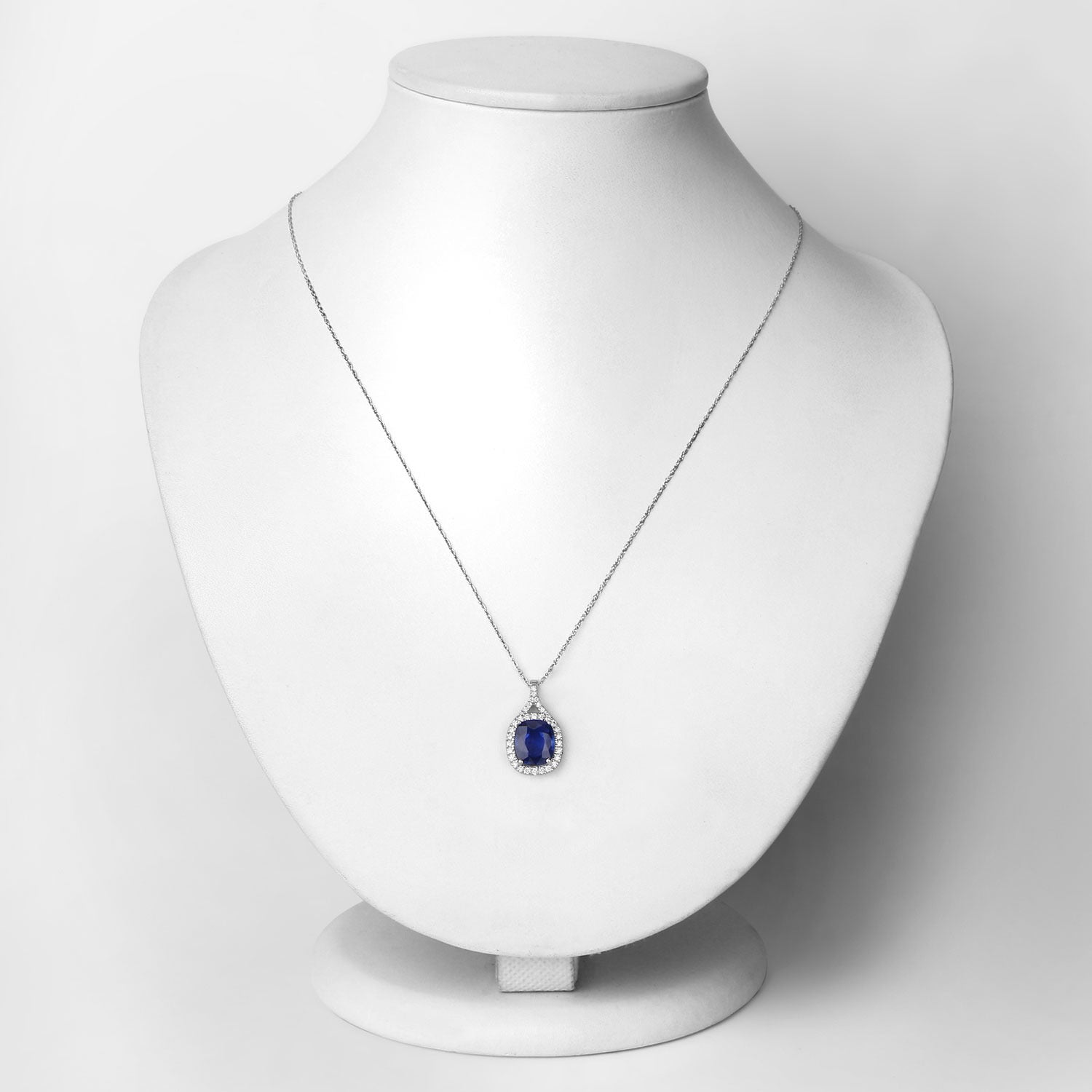 2.73 Ct Genuine Cushion Ceylon Blue Sapphire and Diamond 18K White Gold Halo Pendant