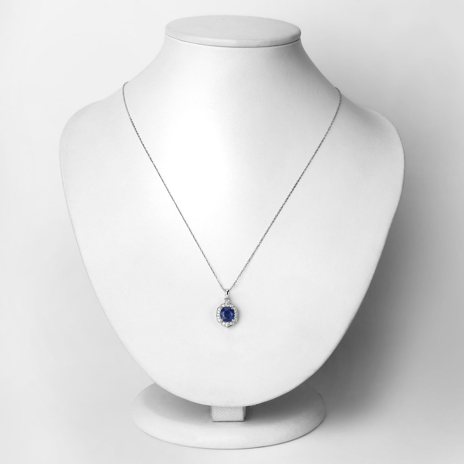 2.19 Ct Genuine Cushion Ceylon Blue Sapphire and Diamond 18K White Gold Halo Pendant