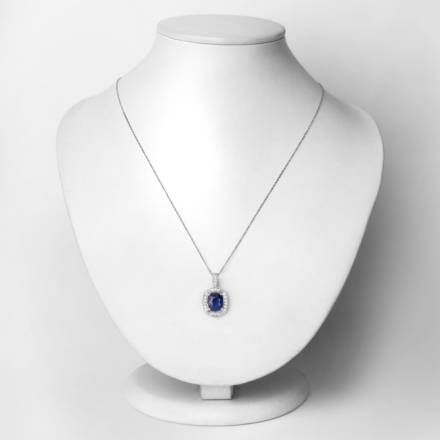 2.53 Ct Genuine Cushion Ceylon Blue Sapphire and Diamond 18K White Gold Halo Pendant