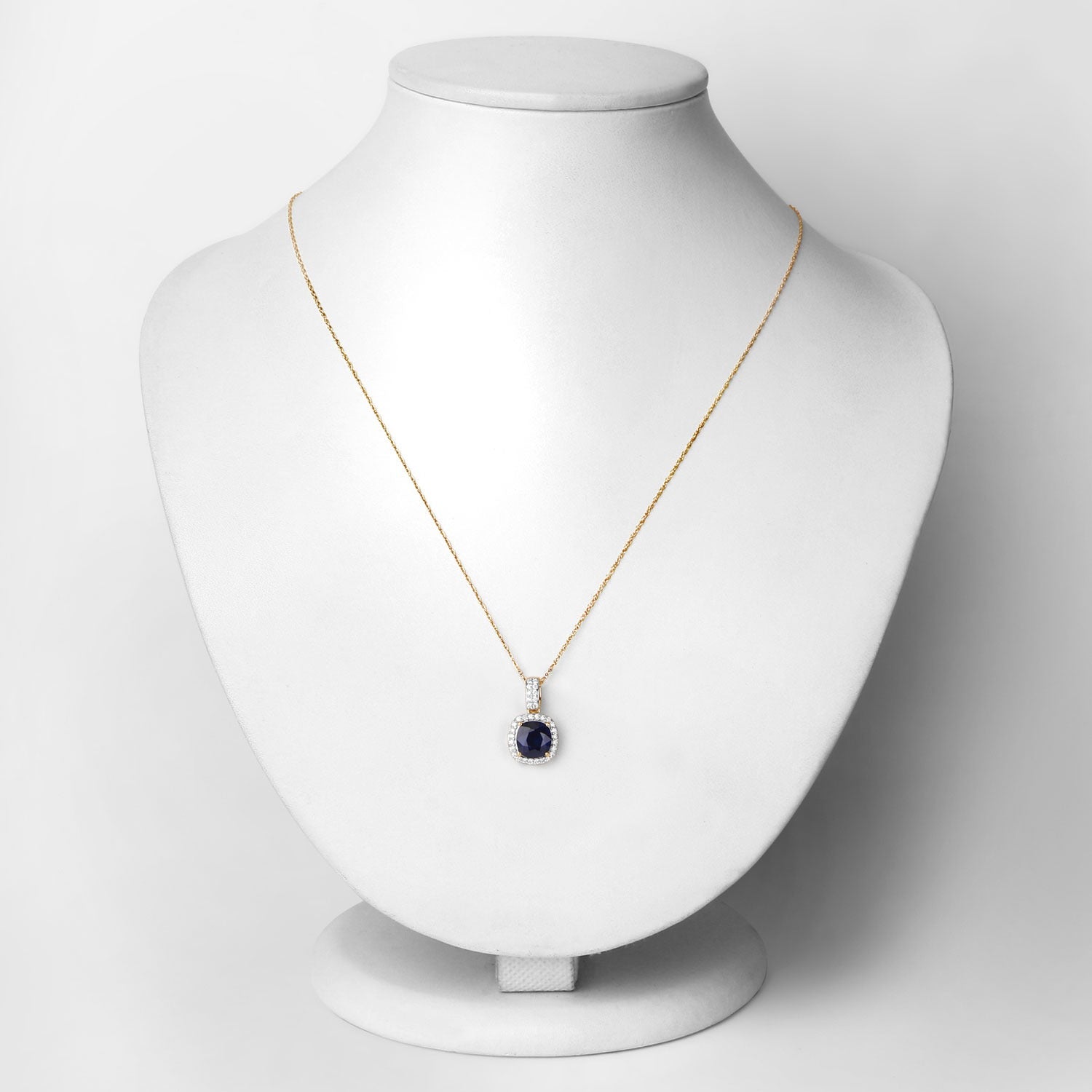 2.18 Ct Genuine Cushion Ceylon Blue Sapphire and Diamond 18K Yellow Gold Halo Pendant