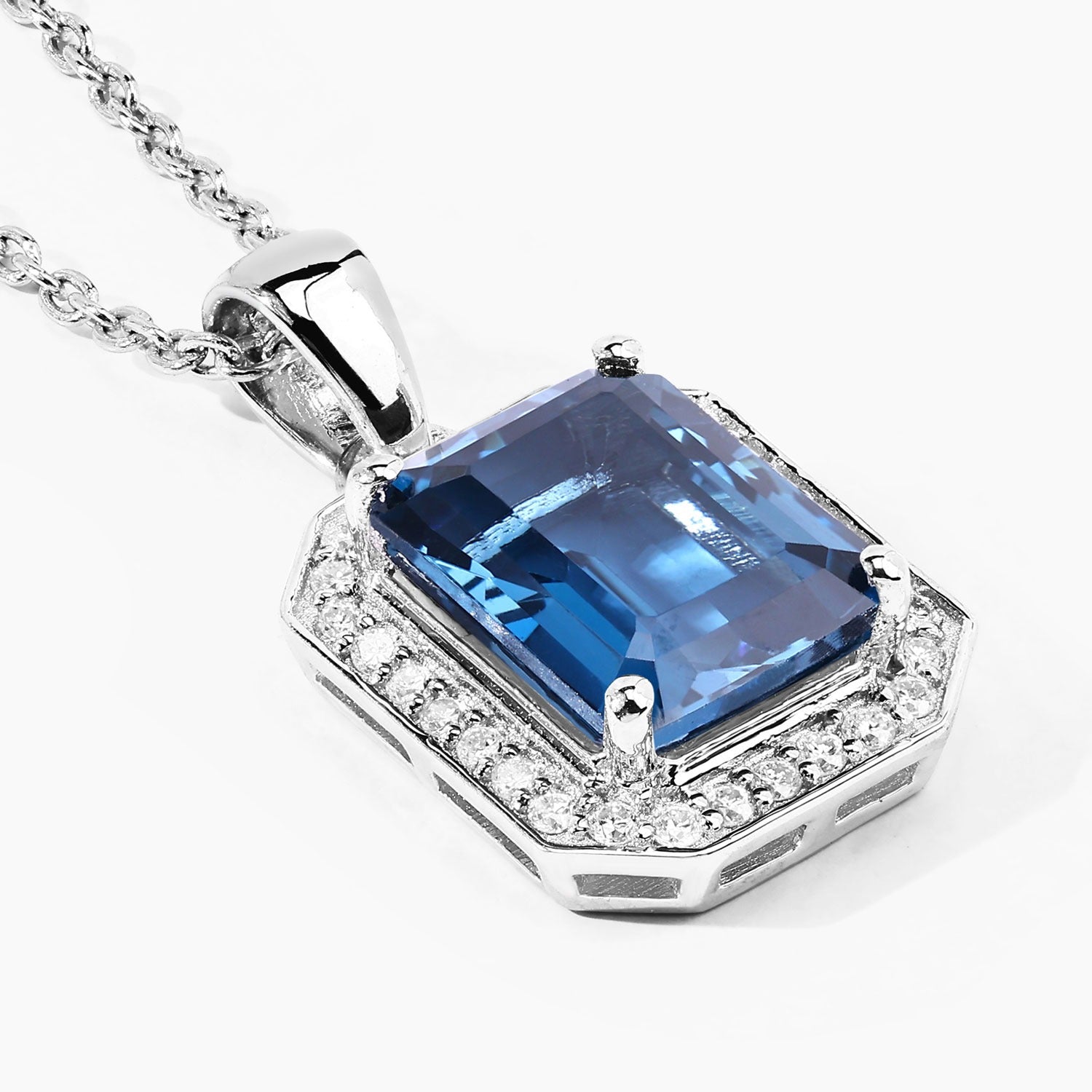 2.78 Ct Genuine London Blue Topaz and Lab Diamond Silver Halo Necklace