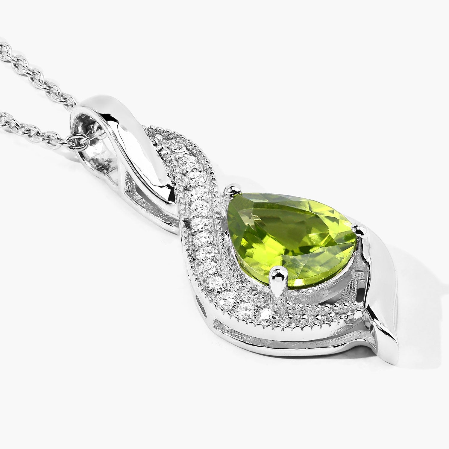 1.58 Ct Genuine Peridot and Lab Grown Diamond Silver Teardrop Crossover Pendant Necklace Fine Color Jewels
