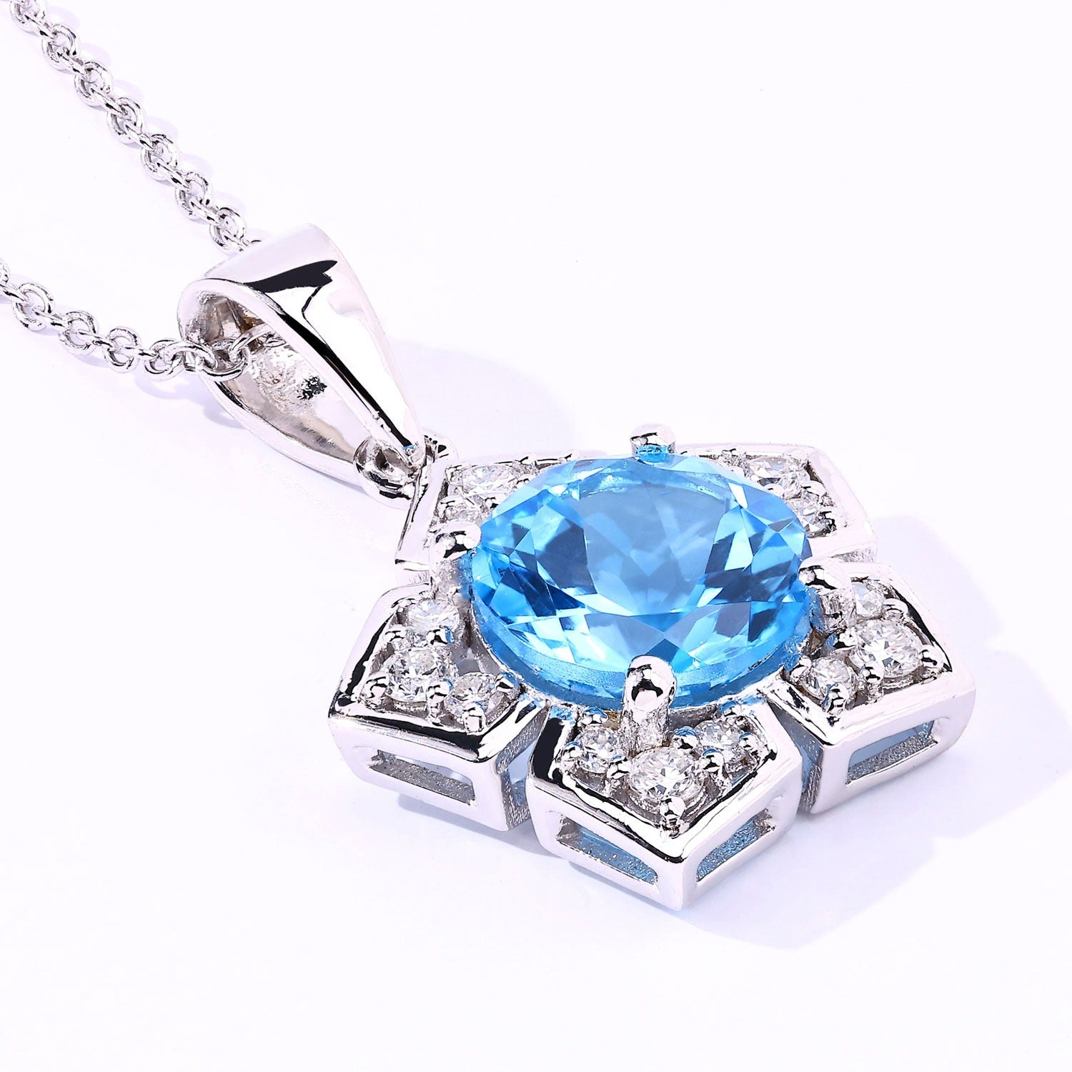 4.08 Ct Genuine Swiss Blue Topaz and Lab Grown Diamond Silver Star Shape Pendant Necklace Fine Color Jewels