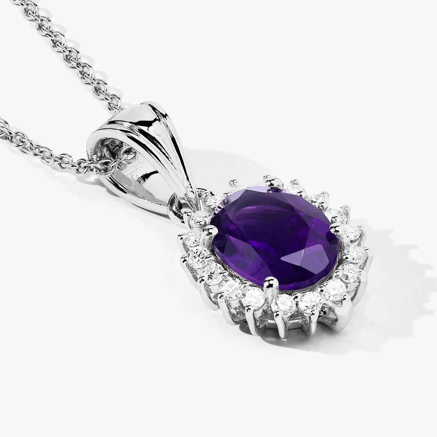 1.87 Ct Genuine Amethyst and Lab Grown Diamond Silver Halo Necklace Fine Color Jewels