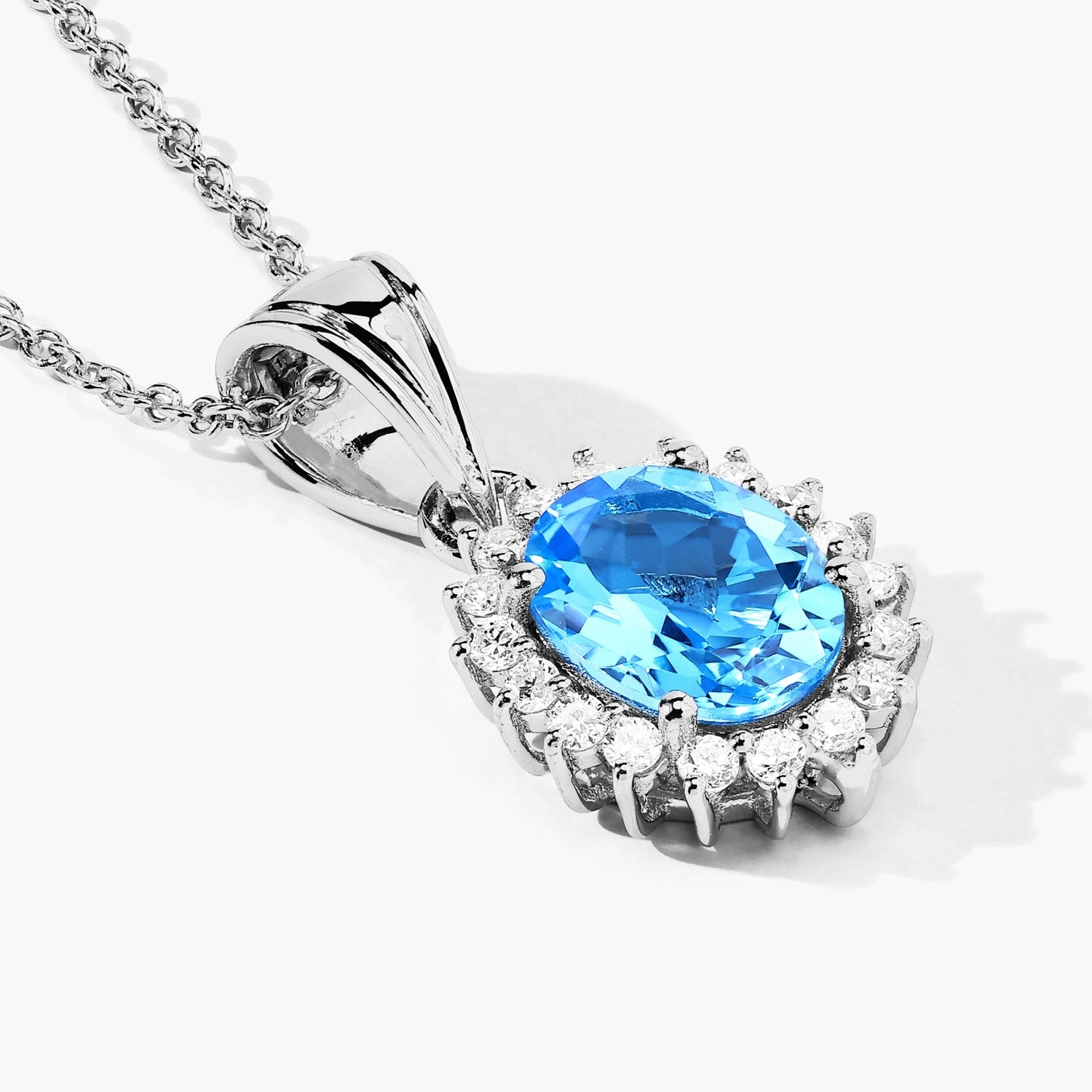 2.27 Carat Oval Genuine Swiss Blue Topaz and Lab Diamond Silver Halo Necklace