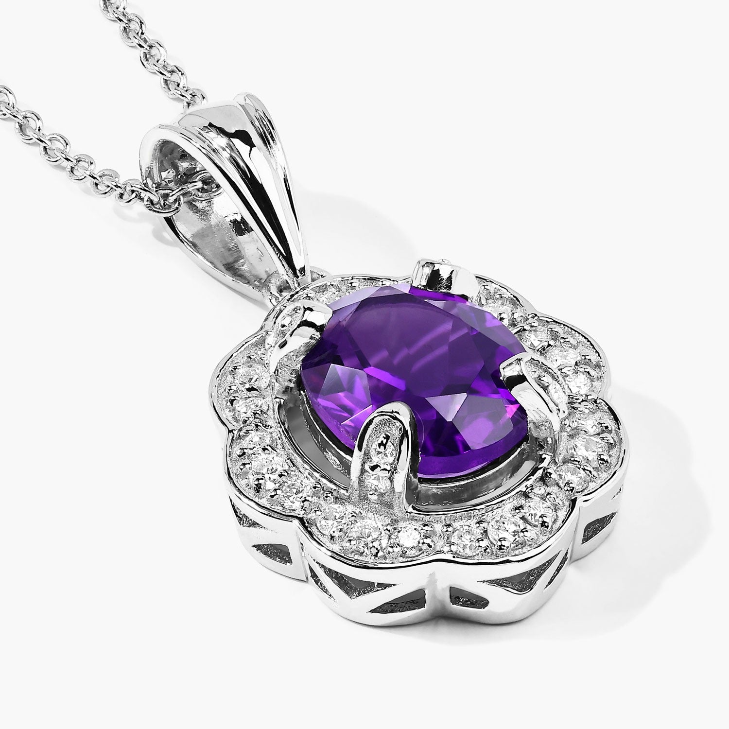 2.52 Ct Genuine Amethyst and Lab Diamond Silver Halo Necklace