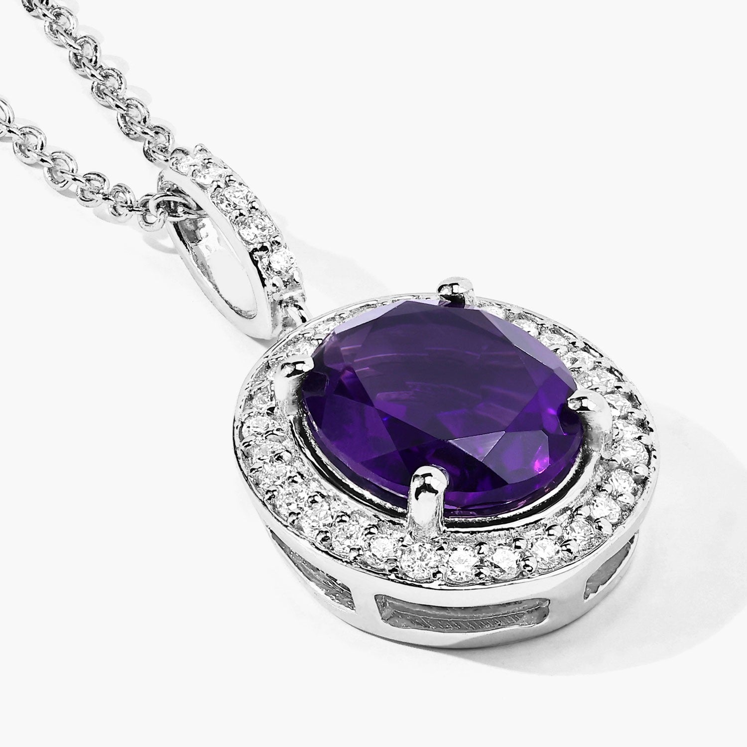 2.46 Ct Genuine Oval Amethyst and Lab Diamond Silver Halo Necklace